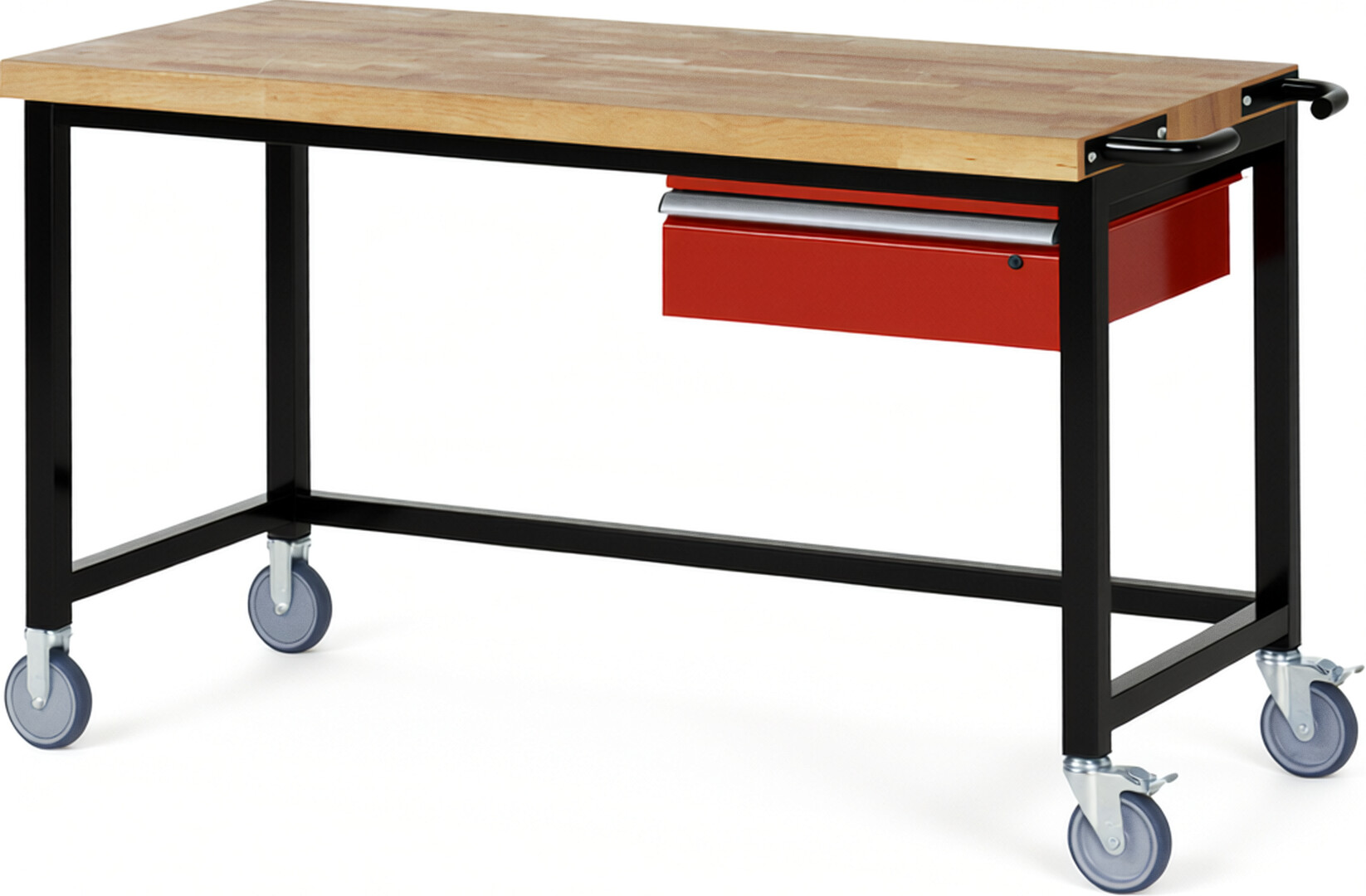 RAU Werkbank schwarz - rot - Breite 150 cm - Tiefe 70 cm - Höhe 108 cm - Buche-Massiv Arbeitsplatte 40 mm