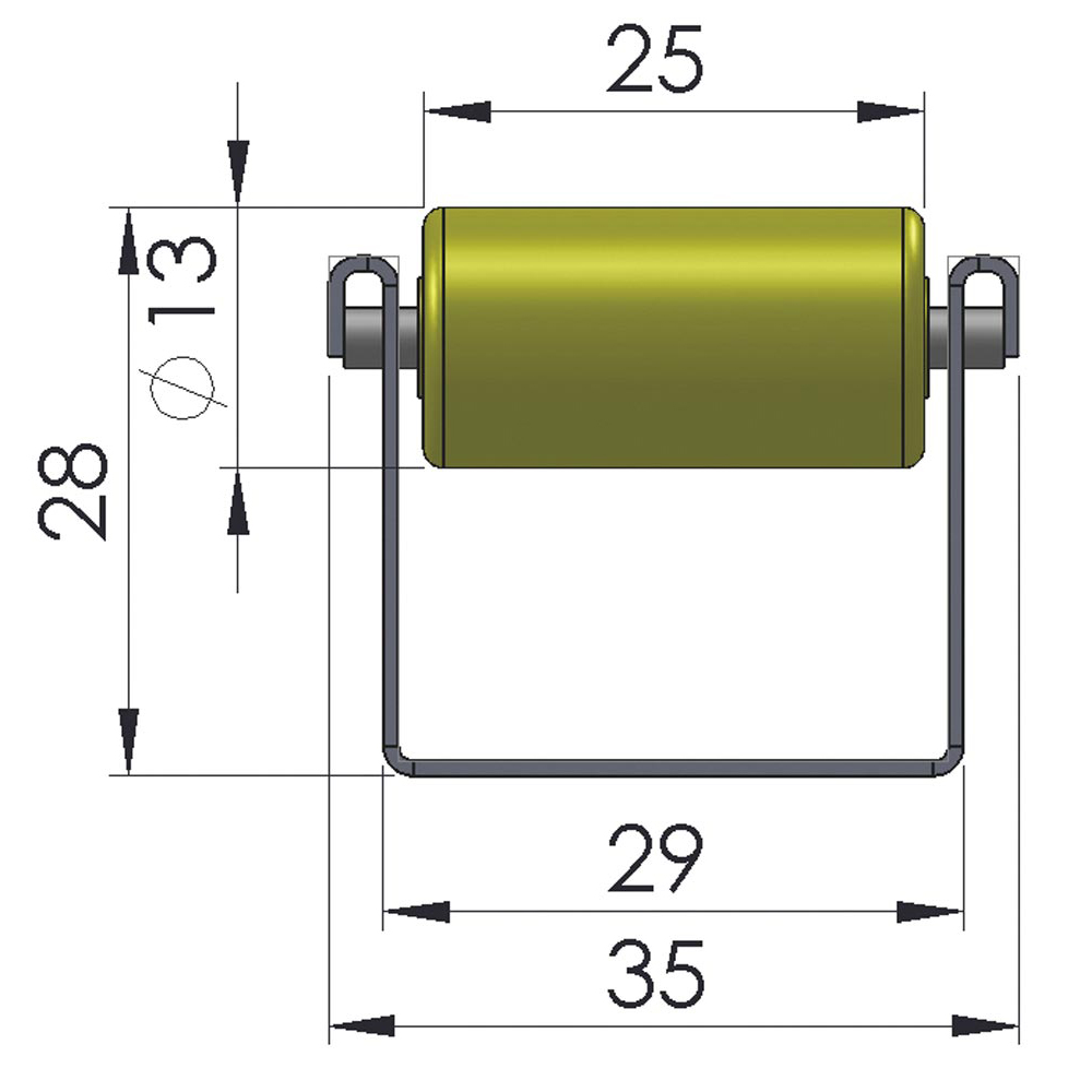Röllchen-U-Leisten, Profil 26x29x26 mm,verzinkt,Kunststoffrolle Durchm. 13 mm,Traglast 6 kg/Rolle,Achsabstand 33 mm