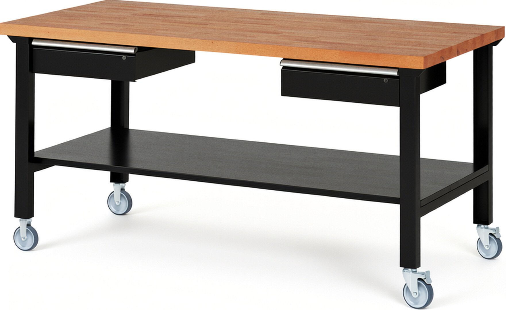 RAU Werkbank schwarz - Breite 200 cm - Tiefe 90 cm - Höhe 100 cm - Buche-Massiv Arbeitsplatte 40 mm