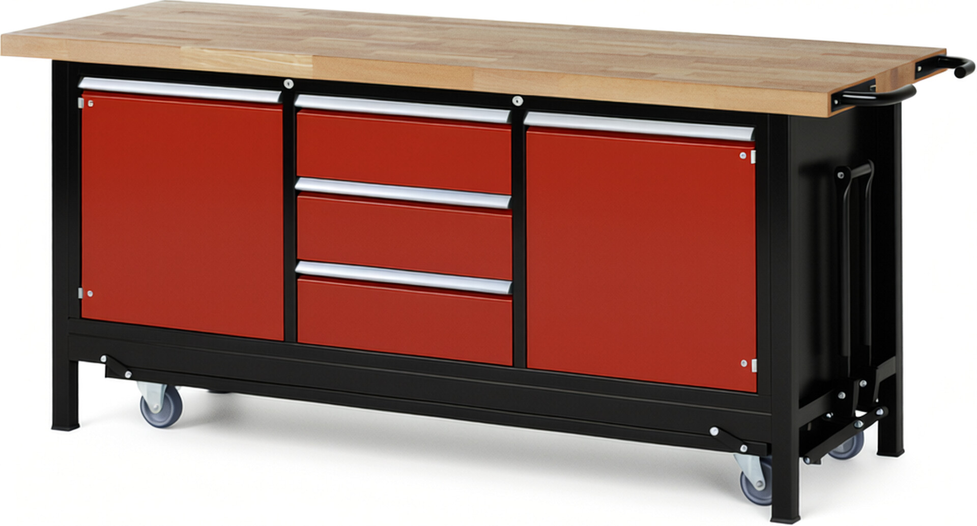 RAU Werkbank schwarz - rot - Breite 200 cm - Tiefe 70 cm - Höhe 88 cm - Buche-Massiv Arbeitsplatte 40 mm