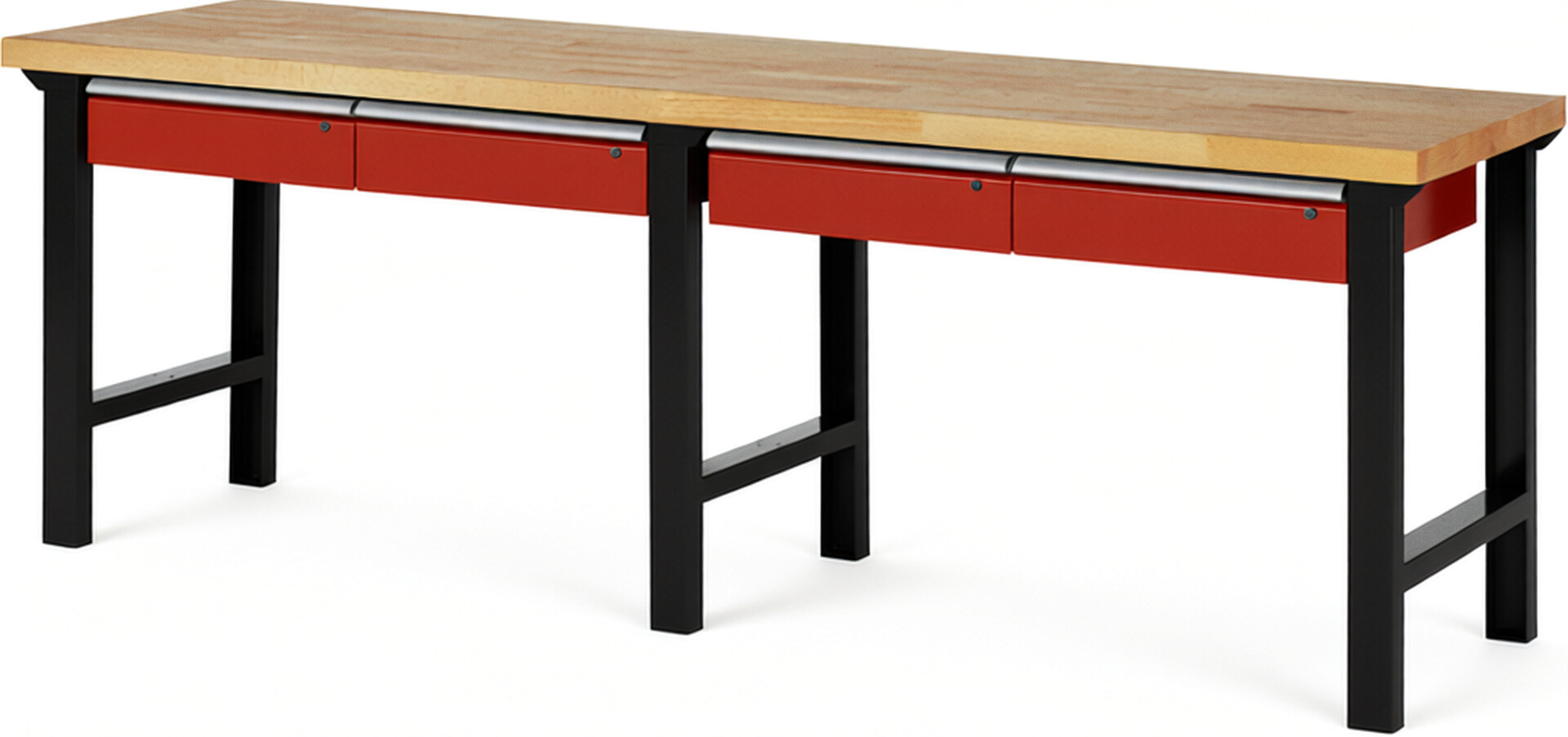 RAU Werkbank schwarz - rot - Breite 250 cm - Tiefe 70 cm - Höhe 84 cm - Buche-Massiv Arbeitsplatte 40 mm