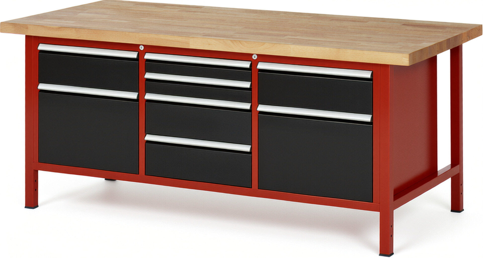 Werkbank Modell 8572 rot - schwarz, BxTxH 2000x900x840-1040 mm,  Buche-Massiv Arbeitsplatte 40 mm,  8 Schubladen mit  Auszug 90 %