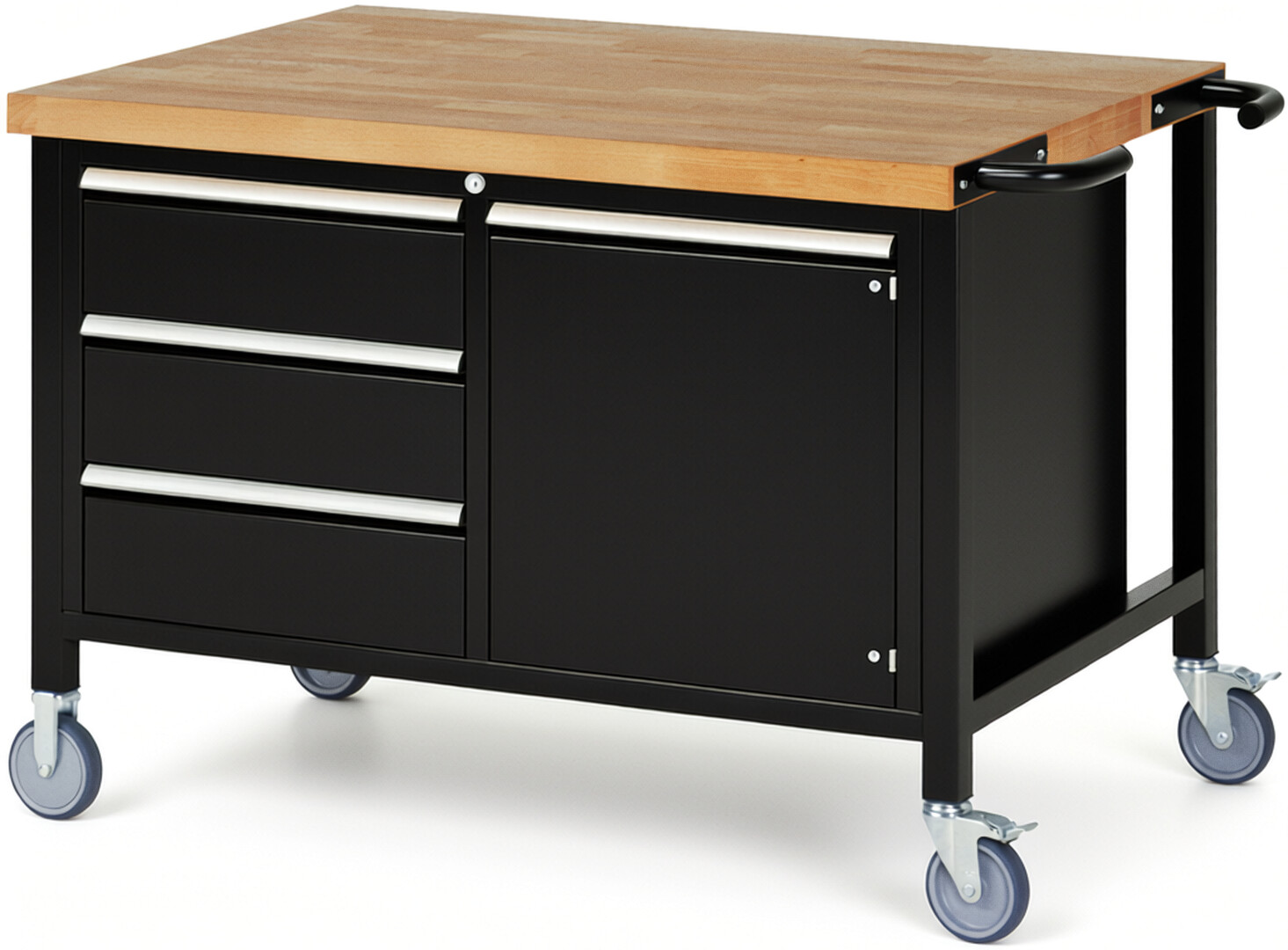 RAU Werkbank schwarz - Breite 125 cm - Tiefe 90 cm - Höhe 88 cm - Buche-Massiv Arbeitsplatte 40 mm