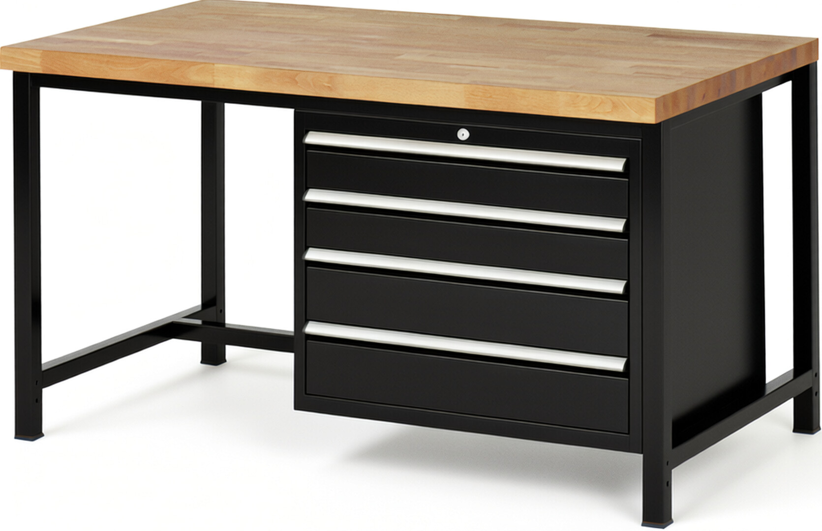 RAU Werkbank schwarz - Breite 150 cm - Tiefe 90 cm - Höhe 104 cm - Buche-Massiv Arbeitsplatte 40 mm