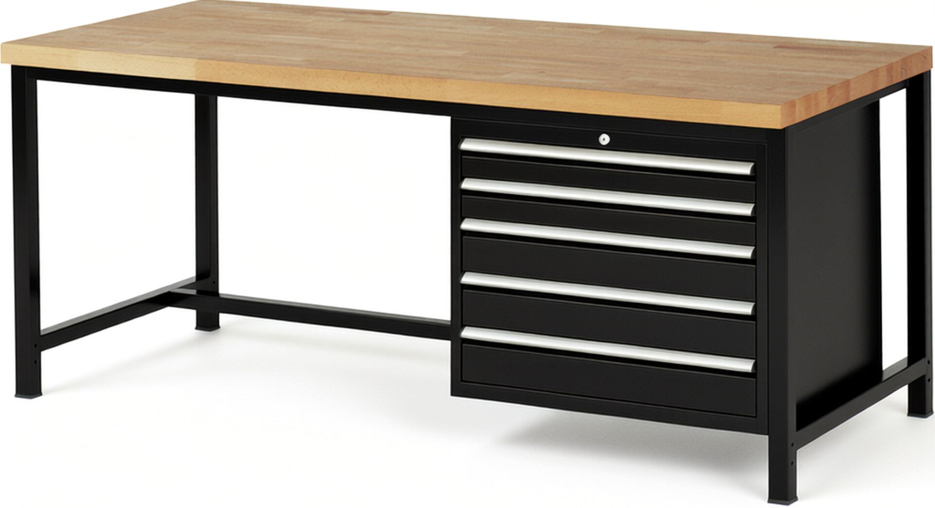 Werkbank Modell 8271 schwarz, BxTxH 2000x900x840-1040 mm,  Buche-Massiv Arbeitsplatte 40 mm,  5 Schubladen mit  Vollauszug 100 % und  SoftClosing