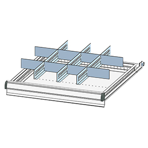 Schubladentrenner, Schubladenteiler, Einteilungsmaterial-Set, 3 Schlitzwände, 8 Trennbleche, für FH 200/250 mm, passend für Gehäusegröße BxT 578x600 mm