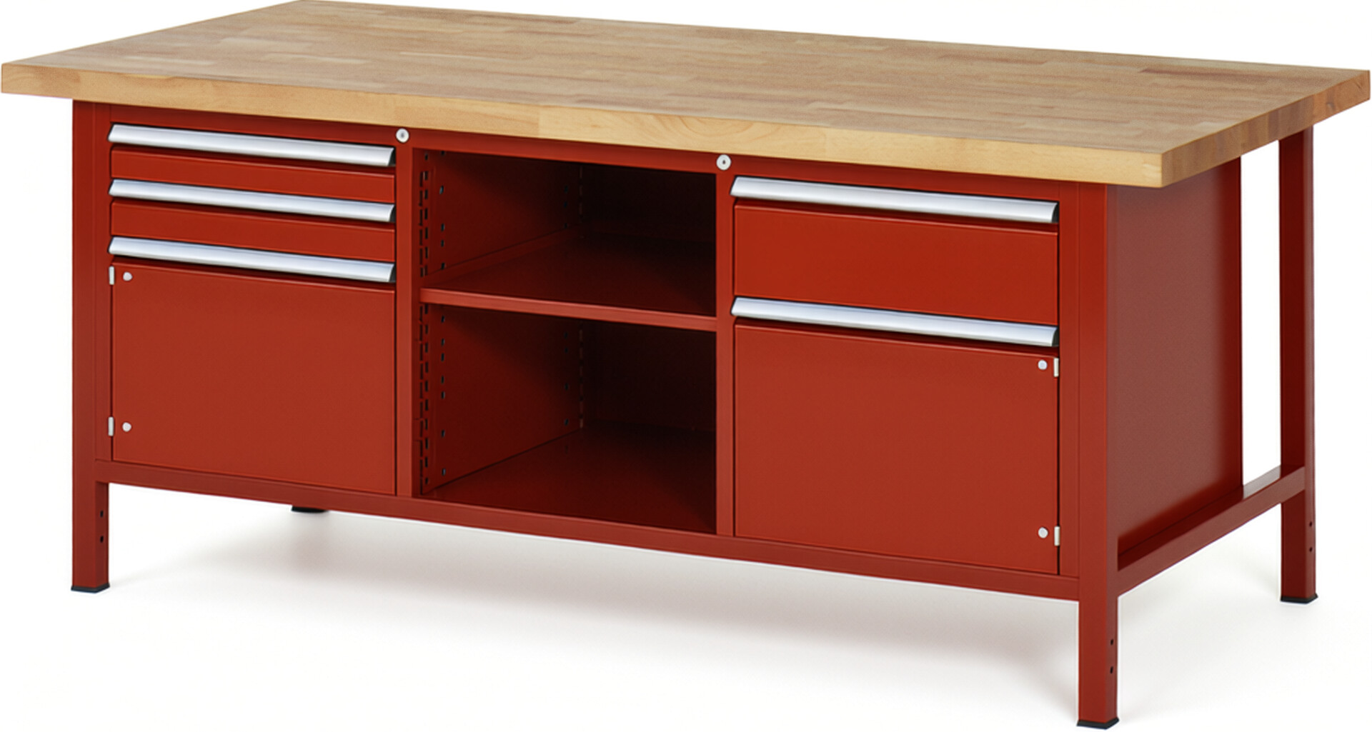 Werkbank Modell 8562 rot, BxTxH 2000x900x840-1040 mm,  Buche-Massiv Arbeitsplatte 40 mm,  3 Schubladen mit  Vollauszug 100 % und  SoftClosing
