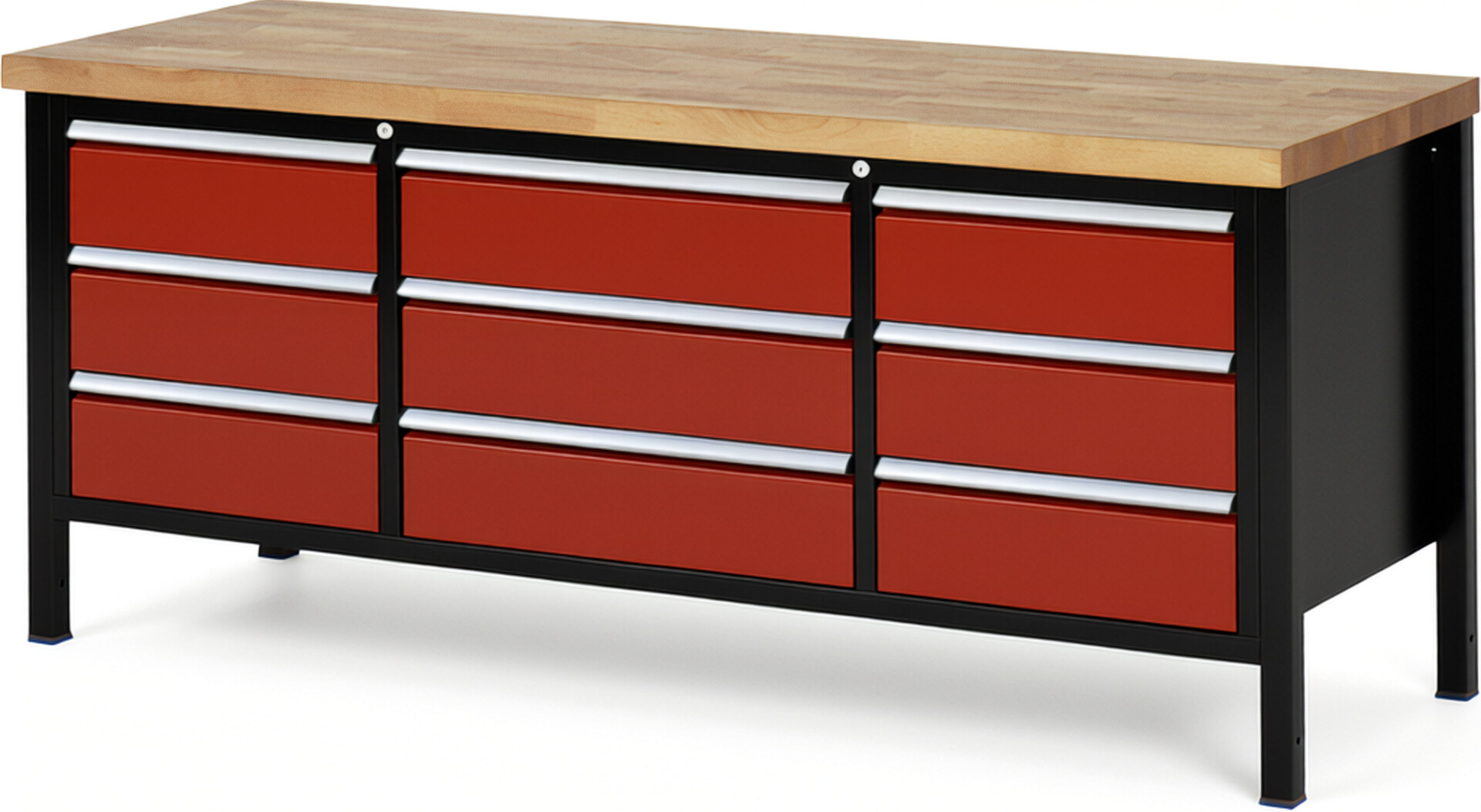 RAU Werkbank schwarz - rot - Breite 200 cm - Tiefe 70 cm - Höhe 104 cm - Buche-Massiv Arbeitsplatte 40 mm