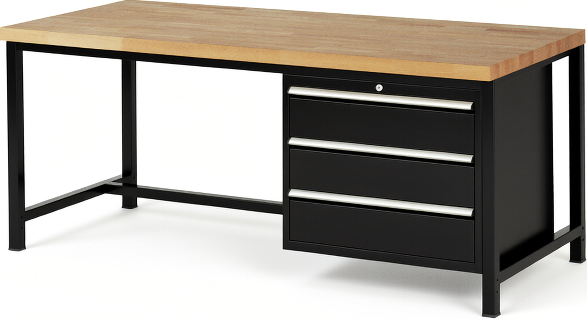 Werkbank Modell 8257 schwarz, BxTxH 2000x900x840 mm,  Buche-Massiv Arbeitsplatte 40 mm,  3 Schubladen mit  Vollauszug 100 % und  SoftClosing