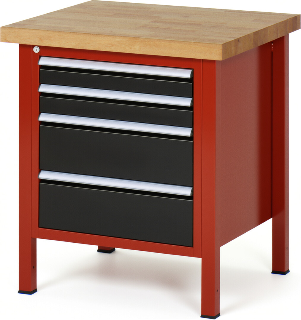 RAU Werkbank rot - schwarz - Breite 75 cm - Tiefe 70 cm - Höhe 104 cm - Buche-Massiv Arbeitsplatte 40 mm