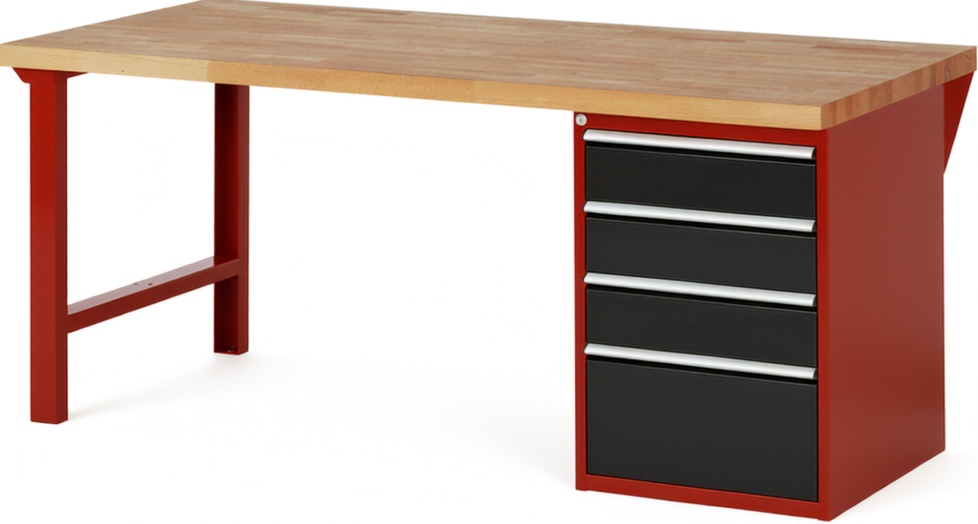 Werkbank Modell 7510 rot - schwarz, BxTxH 2000x900x890 mm,  Buche-Massiv Arbeitsplatte 40 mm,  4 Schubladen mit  Vollauszug 100 % und  SoftClosing