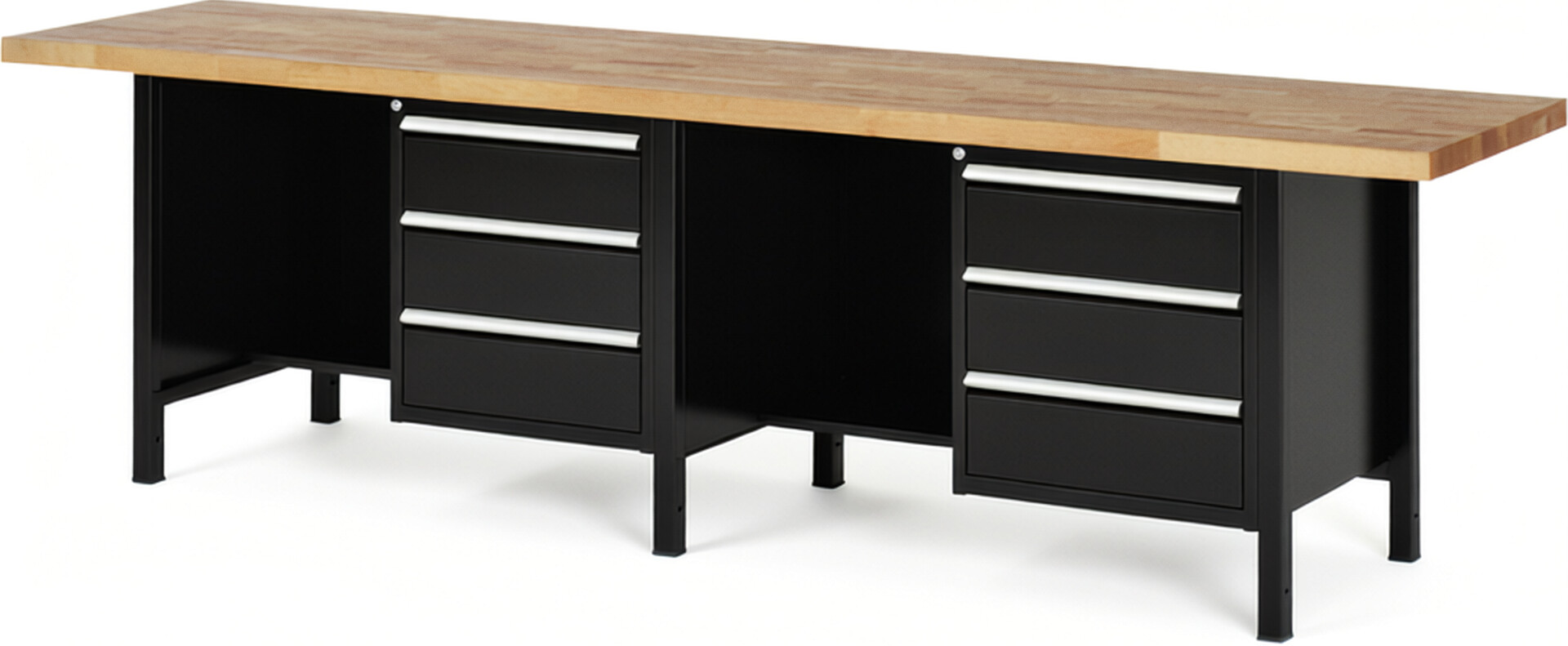 Werkbank Modell 8452 schwarz, BxTxH 3000x700x840-1040 mm,  Buche-Massiv Arbeitsplatte 40 mm,  6 Schubladen mit  Auszug 90 %