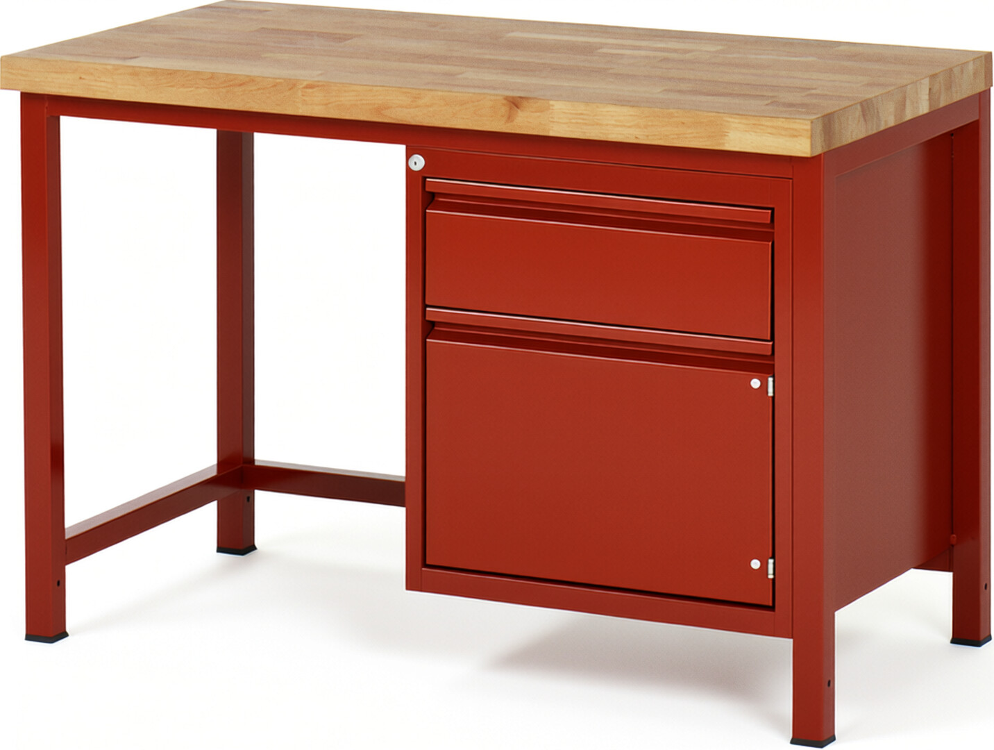 Werkbank rot, BxTxH 1250x700x840-1040 mm, Platte Buche 40 mm, 1 Schublade 180 mm, 1 Tür 360 mm, RAL 3000/3000