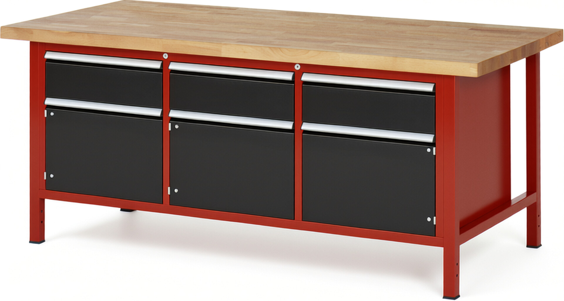 Werkbank Modell 8567 rot - schwarz, BxTxH 2000x900x840-1040 mm,  Buche-Massiv Arbeitsplatte 40 mm,  3 Schubladen mit  Vollauszug 100 % und  SoftClosing