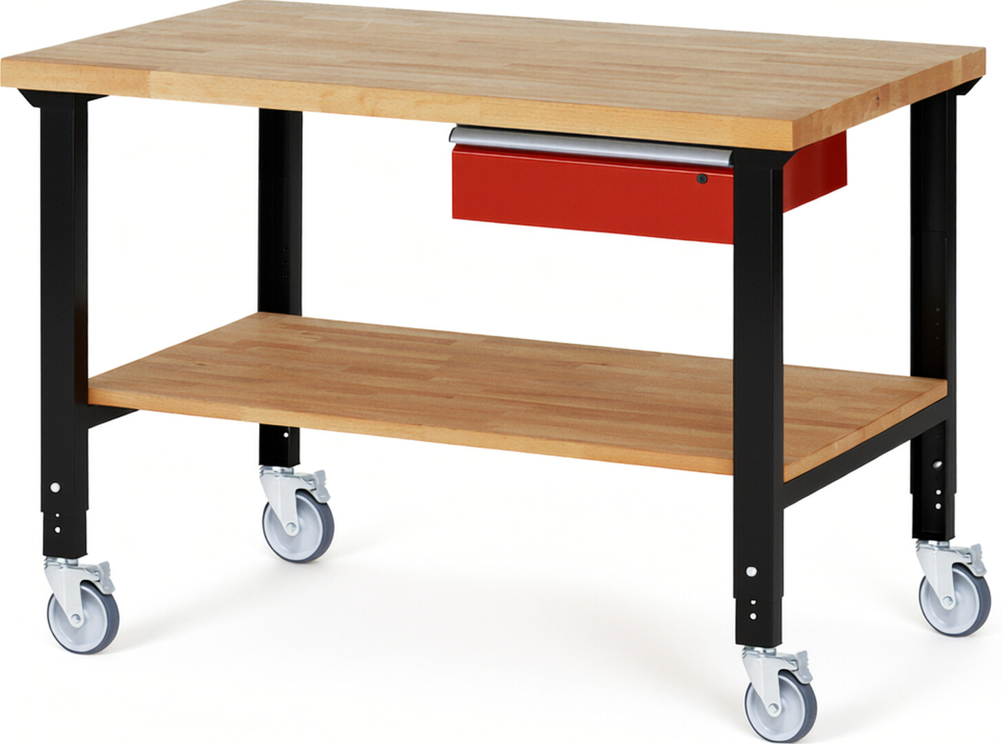 RAU Werkbank schwarz - rot - Breite 150 cm - Tiefe 90 cm - Höhe 100 cm - Buche-Massiv Arbeitsplatte 40 mm