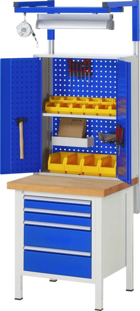 Werkbank Modell 8159 schwarz, BxTxH 750x700x840-1040 mm,  Buche-Massiv Arbeitsplatte 40 mm,  3 Schubladen mit  Auszug 90 %