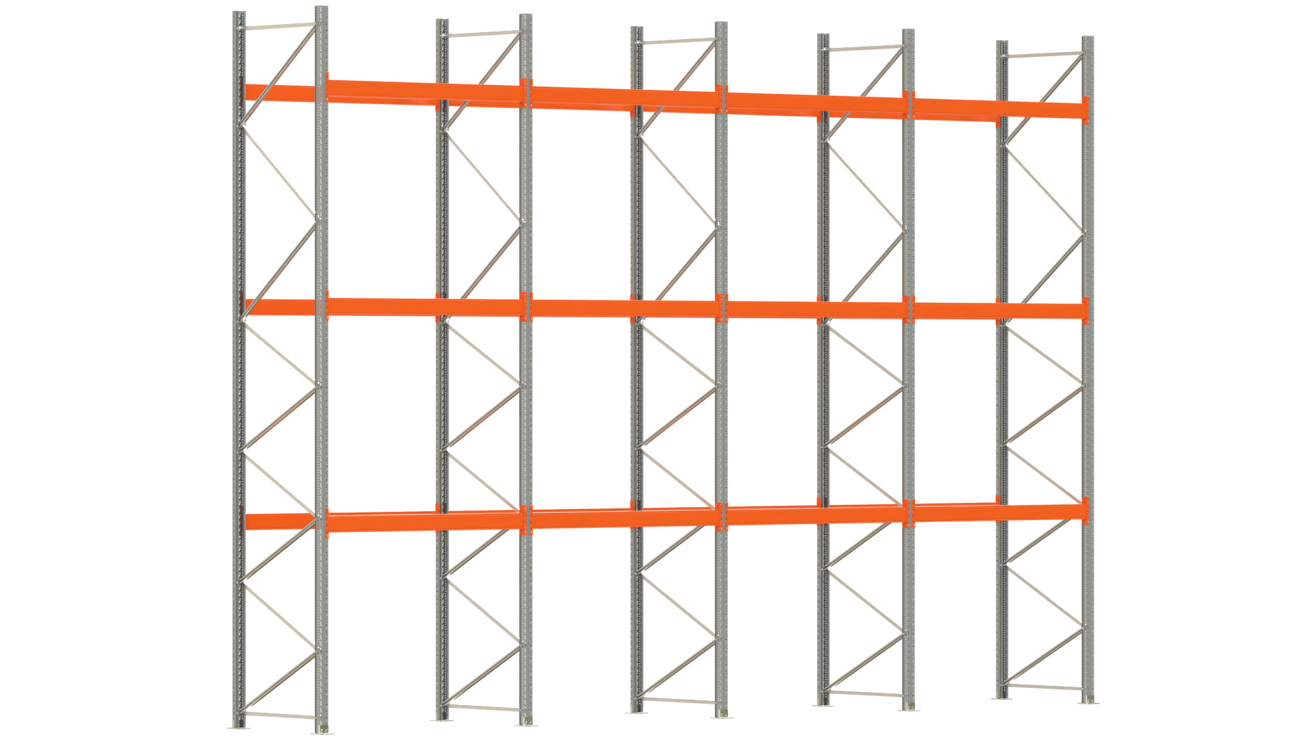 Palettenregal ARTUS - Breite 802,5 cm - Höhe 550 cm - Tiefe 110 cm - 3 Träger-Ebenen - max. Fachlast 3000 kg - 32 Palettenstellplätze