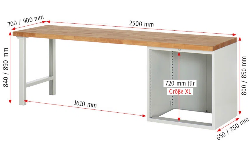 Werkbank Modell 7609,  BxTxH 2500x700x840 mm,  Buche-Massiv Arbeitsplatte 40 mm,  4 Schubladen mit  Vollauszug 100 % und  SoftClosing