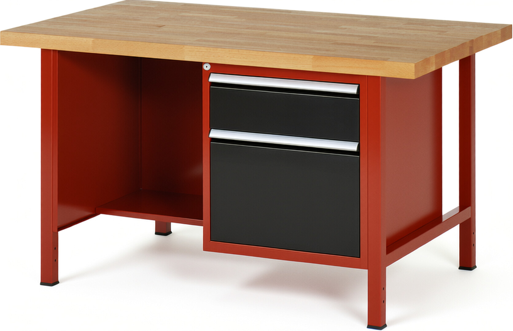 RAU Werkbank rot - schwarz - Breite 150 cm - Tiefe 90 cm - Höhe 104 cm - Buche-Massiv Arbeitsplatte 40 mm