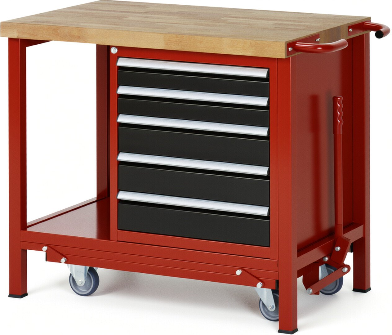 Absenkbare Werkbank Modell 8171 rot - schwarz, BxTxH 1000x700x880 mm,  Buche-Massiv Arbeitsplatte 40 mm,  5 Schubladen mit  Vollauszug 100 % und  SoftClosing