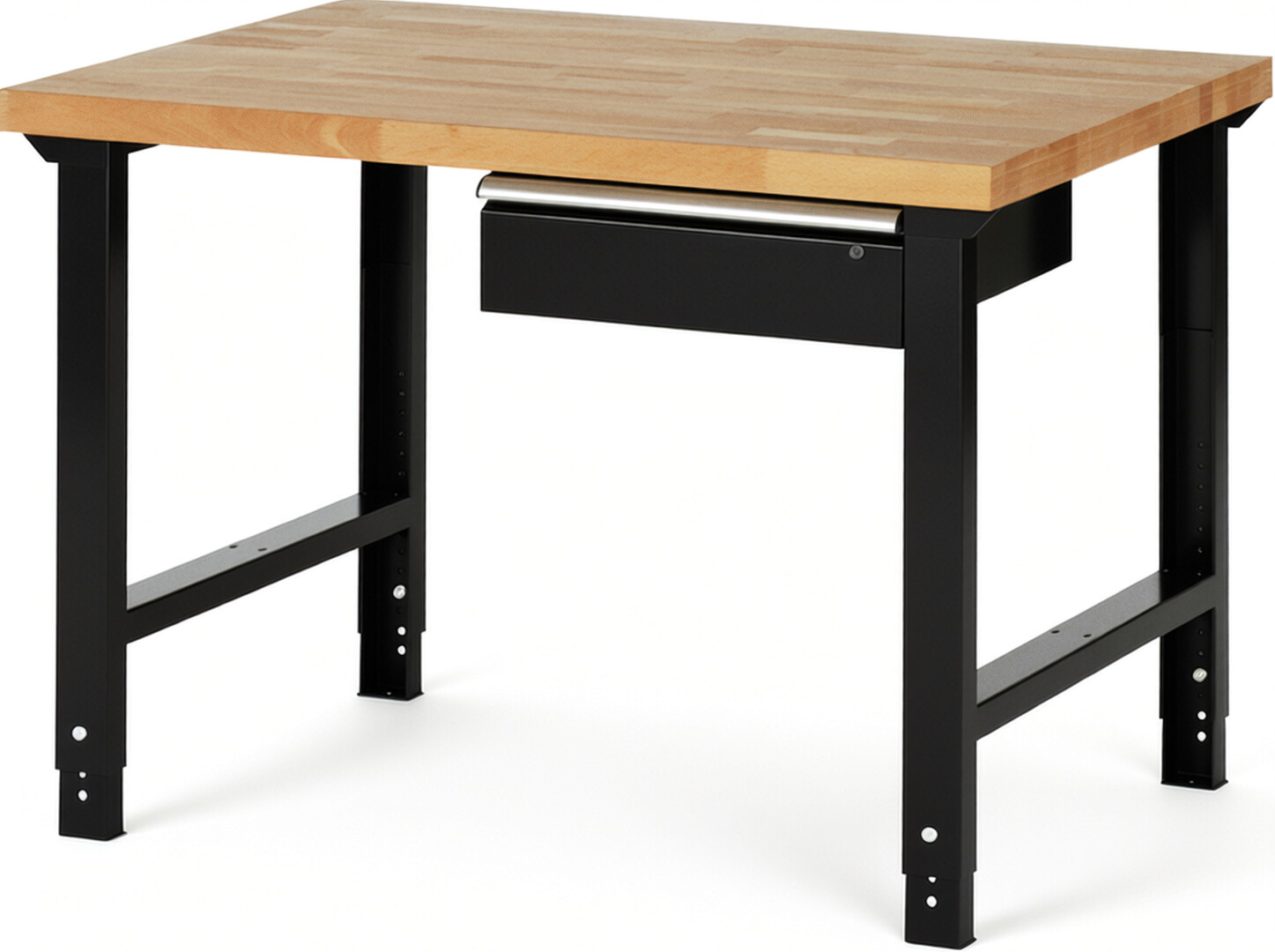 Werkbank Modell 7001 schwarz, BxTxH 1250x900x790-1140 mm,  Buche-Massiv Arbeitsplatte 40 mm,  1 Schublade mit  Auszug 90 %