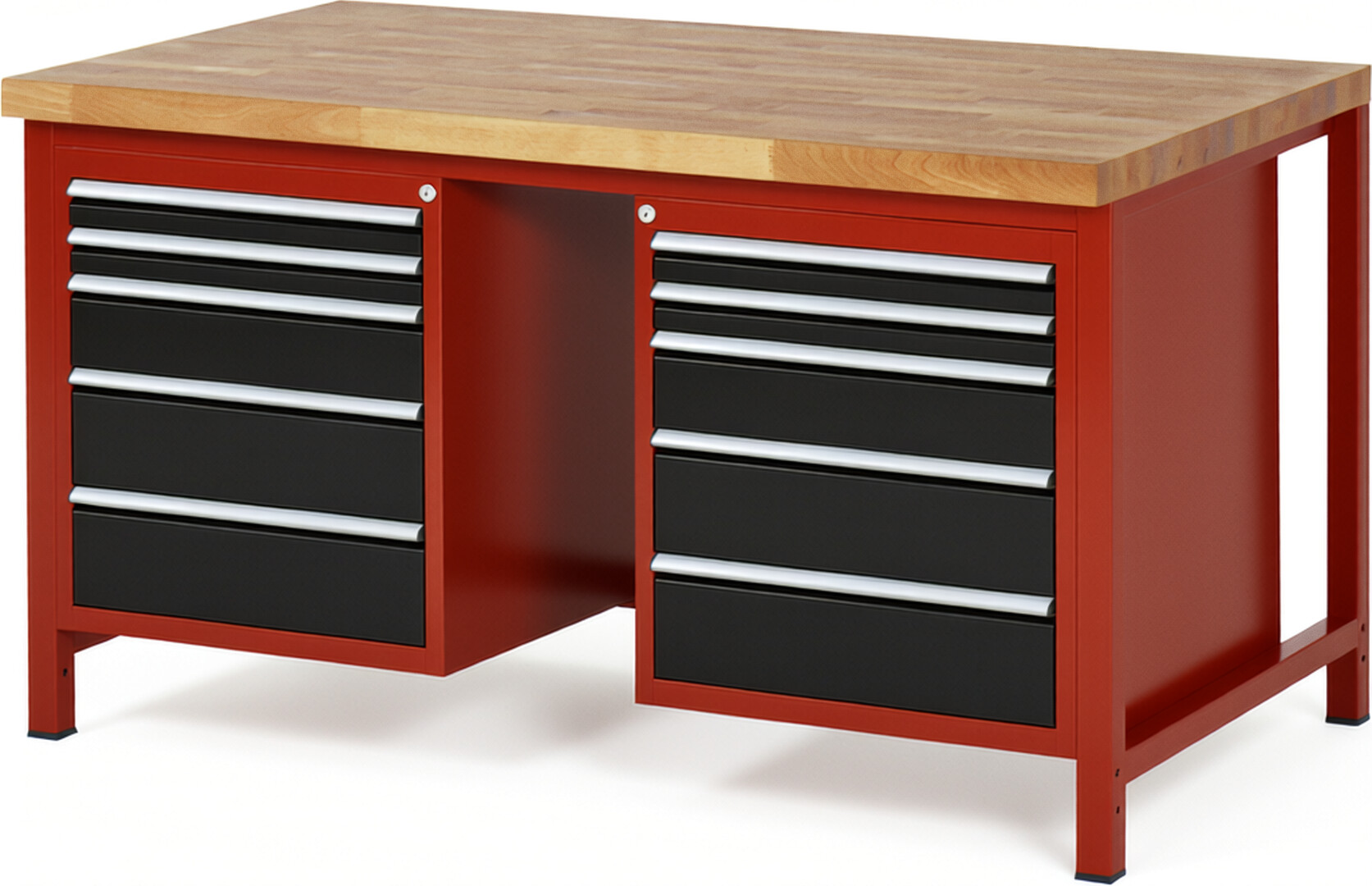 RAU Werkbank rot - schwarz - Breite 150 cm - Tiefe 90 cm - Höhe 104 cm - Buche-Massiv Arbeitsplatte 40 mm