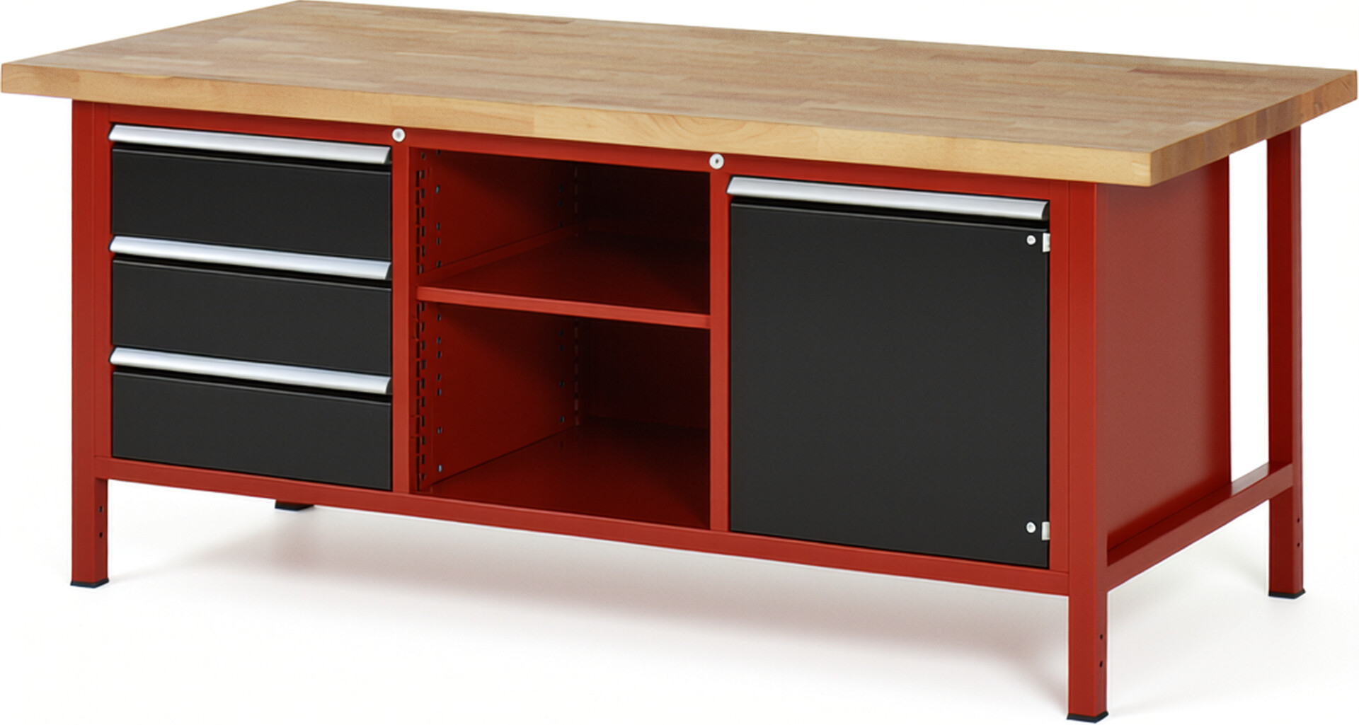 Werkbank Modell 8563 rot - schwarz, BxTxH 2000x900x840-1040 mm,  Buche-Massiv Arbeitsplatte 40 mm,  3 Schubladen mit  Auszug 90 %