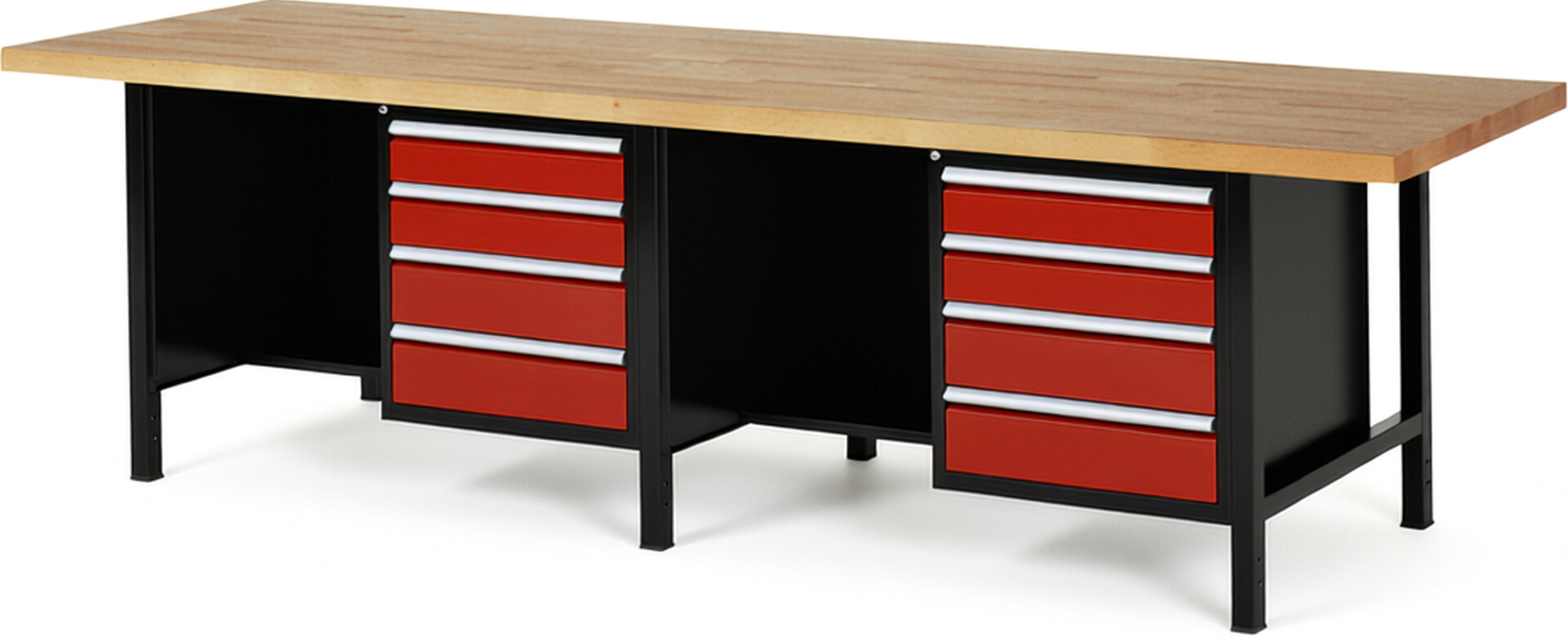 RAU Werkbank schwarz - rot - Breite 300 cm - Tiefe 90 cm - Höhe 104 cm - Buche-Massiv Arbeitsplatte 40 mm