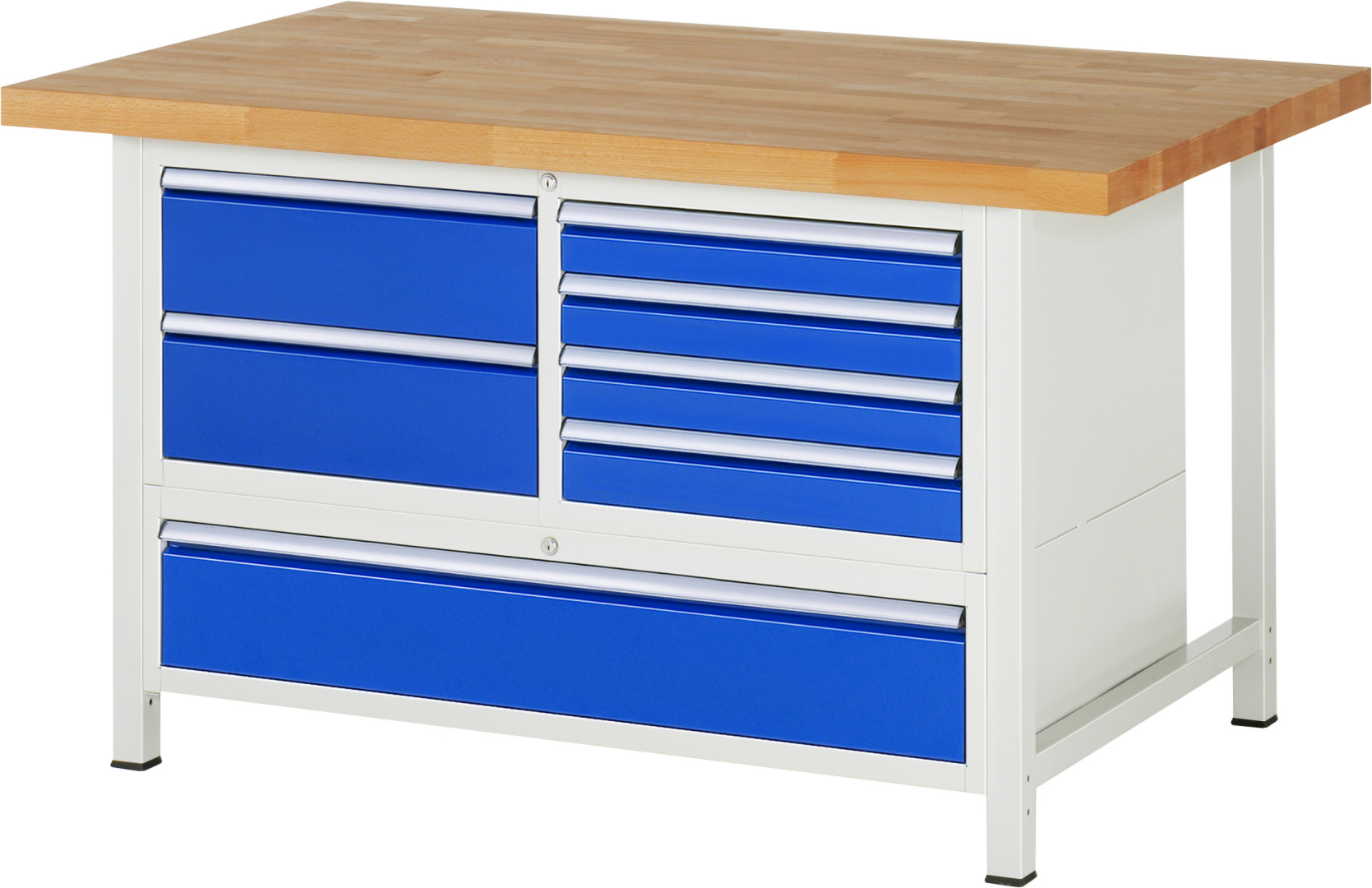 Werkbank Modell 8931,  BxTxH 1500x900x840-1040 mm,  Buche-Massiv Arbeitsplatte 40 mm,  7 Schubladen mit  Vollauszug 100 % und  SoftClosing