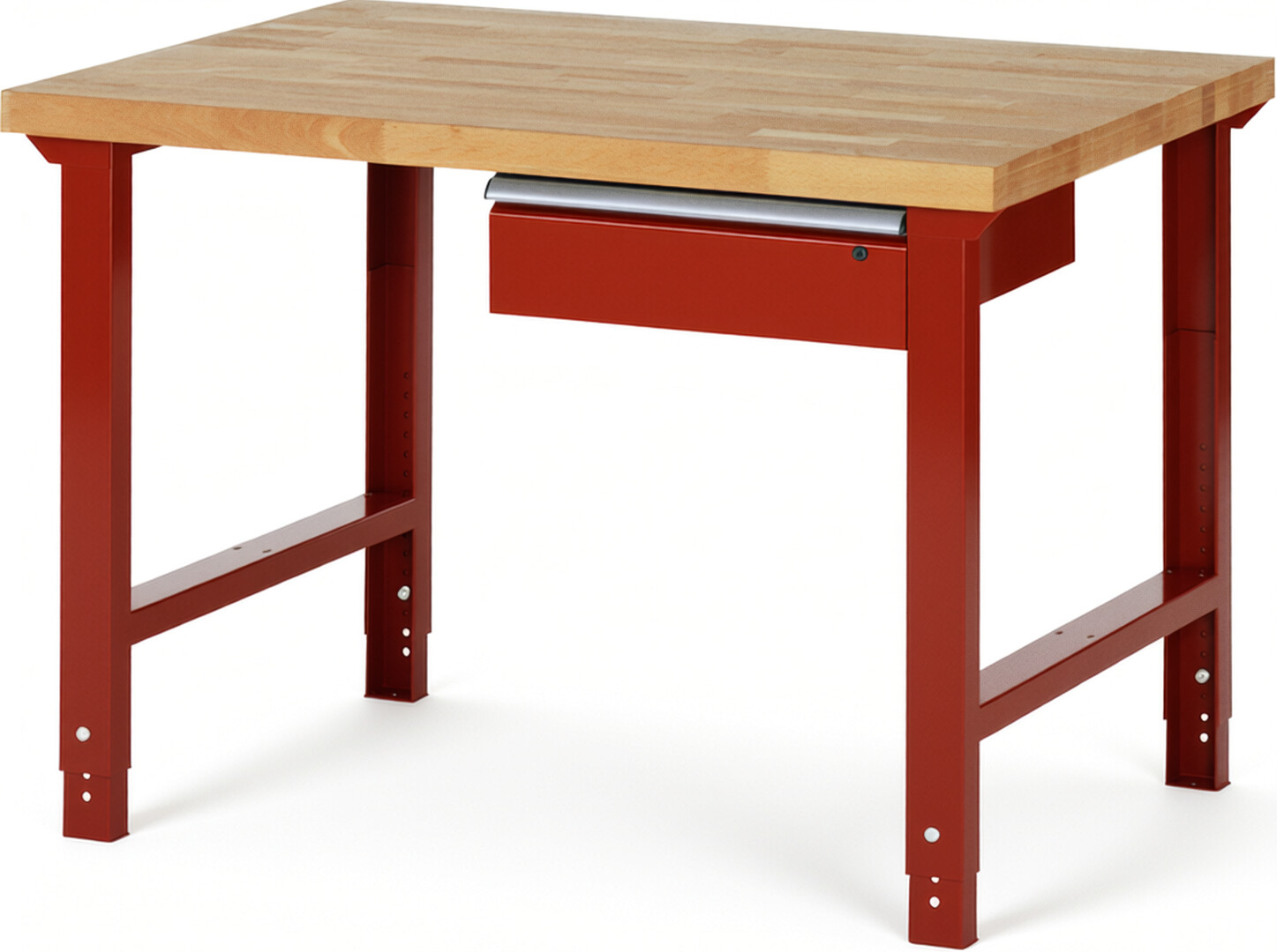 Werkbank Modell 7001 rot, BxTxH 1250x900x790-1140 mm,  Buche-Massiv Arbeitsplatte 40 mm,  1 Schublade mit  Auszug 90 %