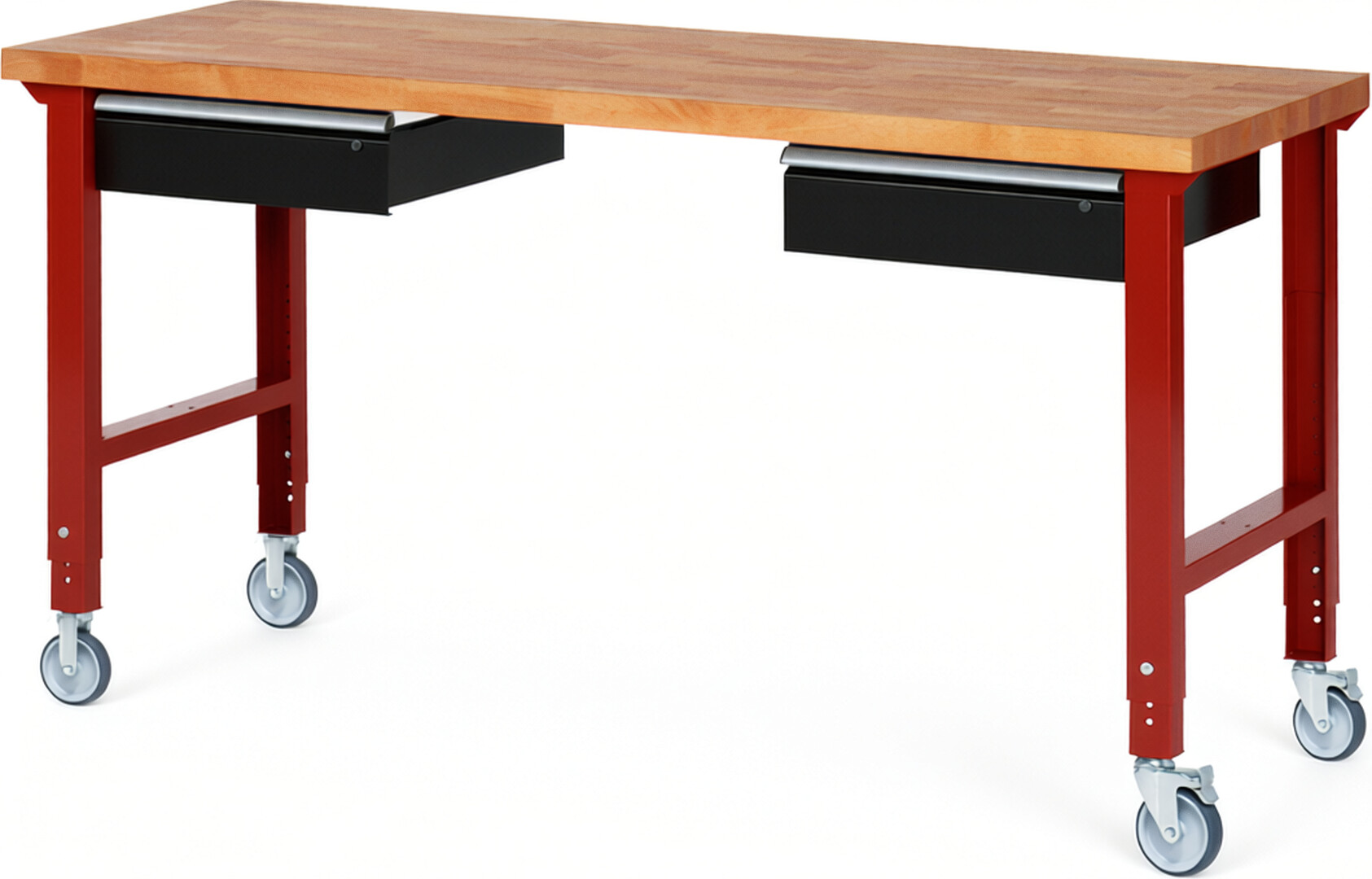 Fahrbare Werkbank Modell 7002 rot - schwarz, BxTxH 2000x700x950-1000 mm,  Buche-Massiv Arbeitsplatte 40 mm,  2 Schubladen mit  Auszug 90 %