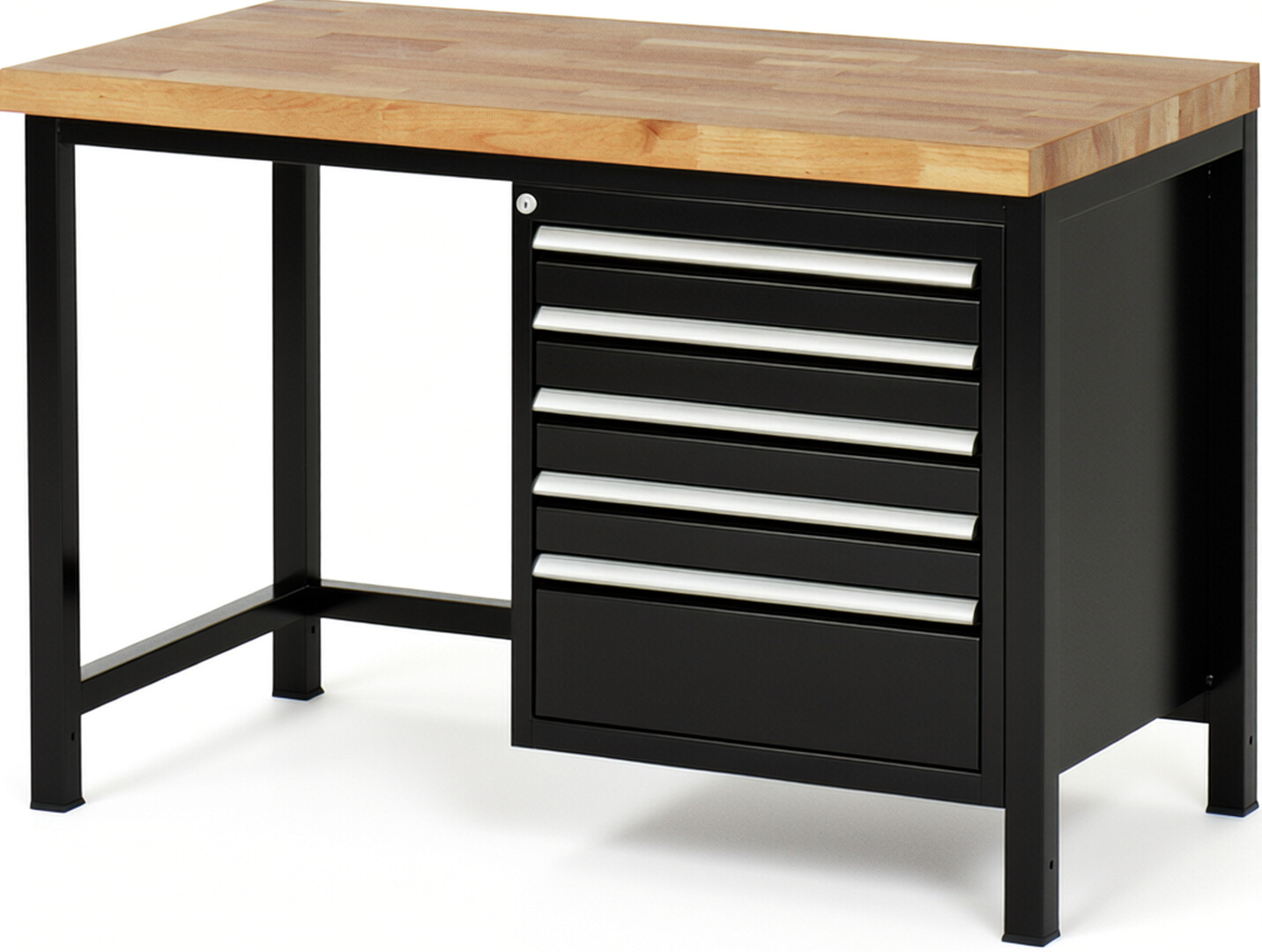 Werkbank Modell 8168 schwarz, BxTxH 1250x700x840 mm,  Buche-Massiv Arbeitsplatte 40 mm,  5 Schubladen mit  Vollauszug 100 % und  SoftClosing