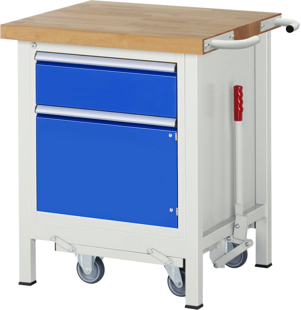 Absenkbare Werkbank Modell 8152 rot, BxTxH 750x700x880 mm,  Buche-Massiv Arbeitsplatte 40 mm,  1 Schublade mit  Vollauszug 100 % und  SoftClosing