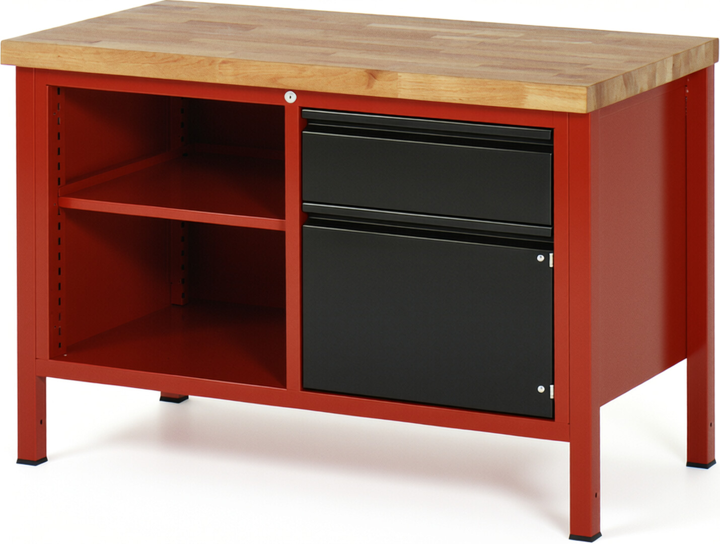 Werkbank - Modell 8461 BASIC rot - schwarz, BxTxH 1250x700x840-1040 mm,  Buche-Massiv Arbeitsplatte 40 mm,  1 Schublade mit  Auszug 90 %