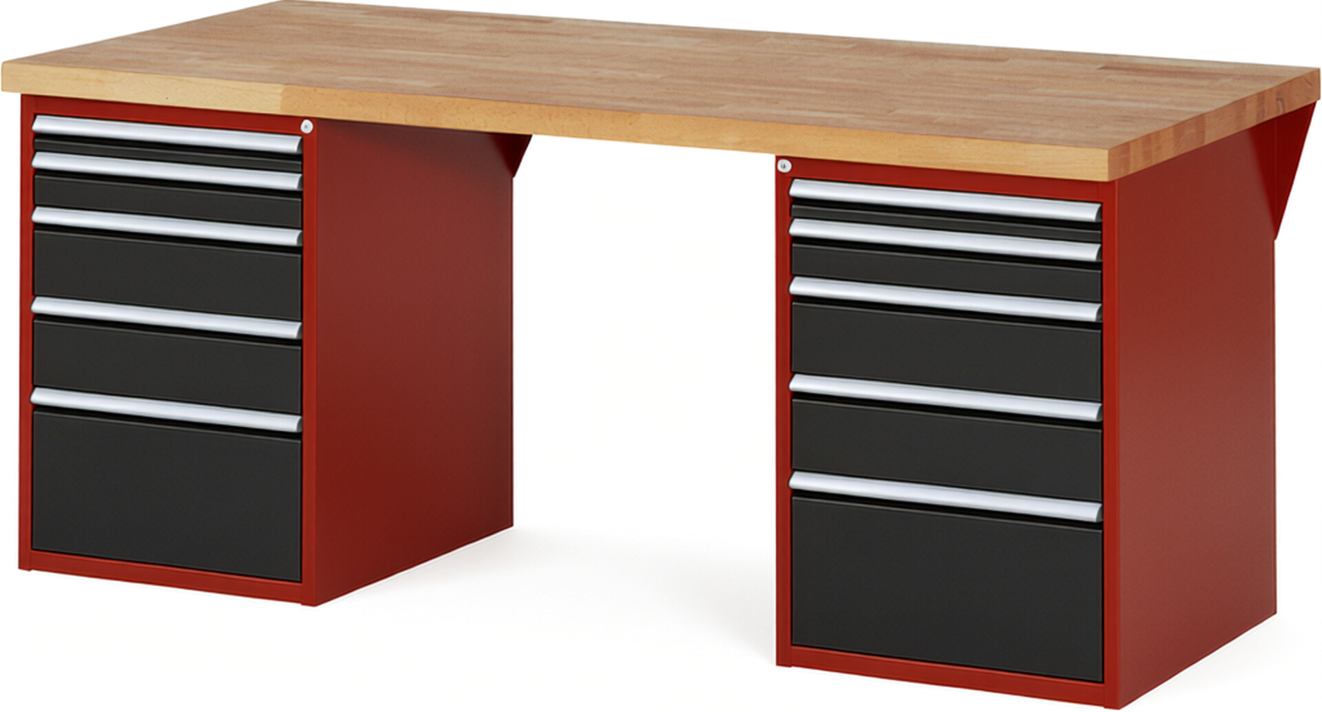 Werkbank Modell 7511 rot - schwarz, BxTxH 2000x900x840 mm,  Buche-Massiv Arbeitsplatte 40 mm,  10 Schubladen mit  Vollauszug 100 % und  SoftClosing