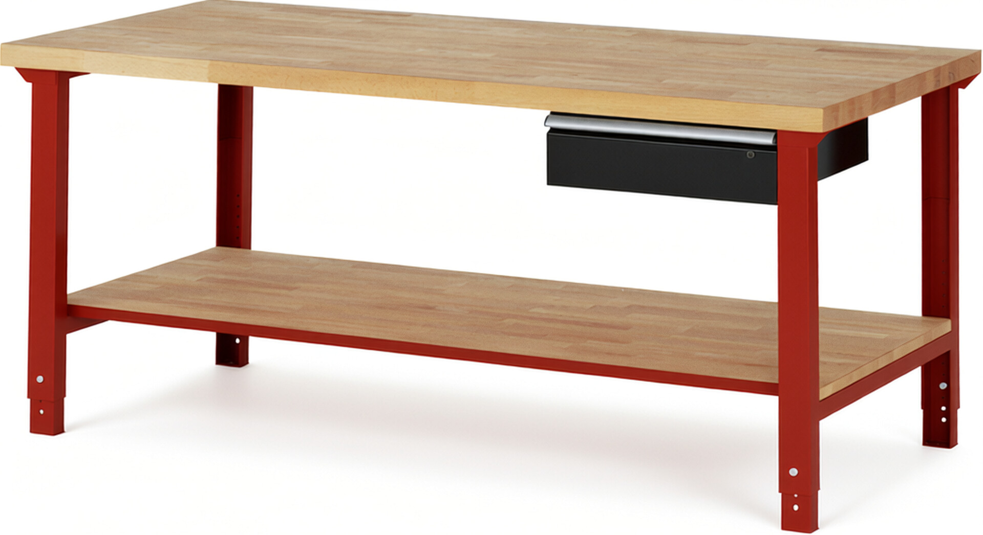 Werkbank Modell 7001 rot - schwarz, BxTxH 2000x900x790-1140 mm,  Buche-Massiv Arbeitsplatte 40 mm,  1 Schublade mit  Auszug 90 %