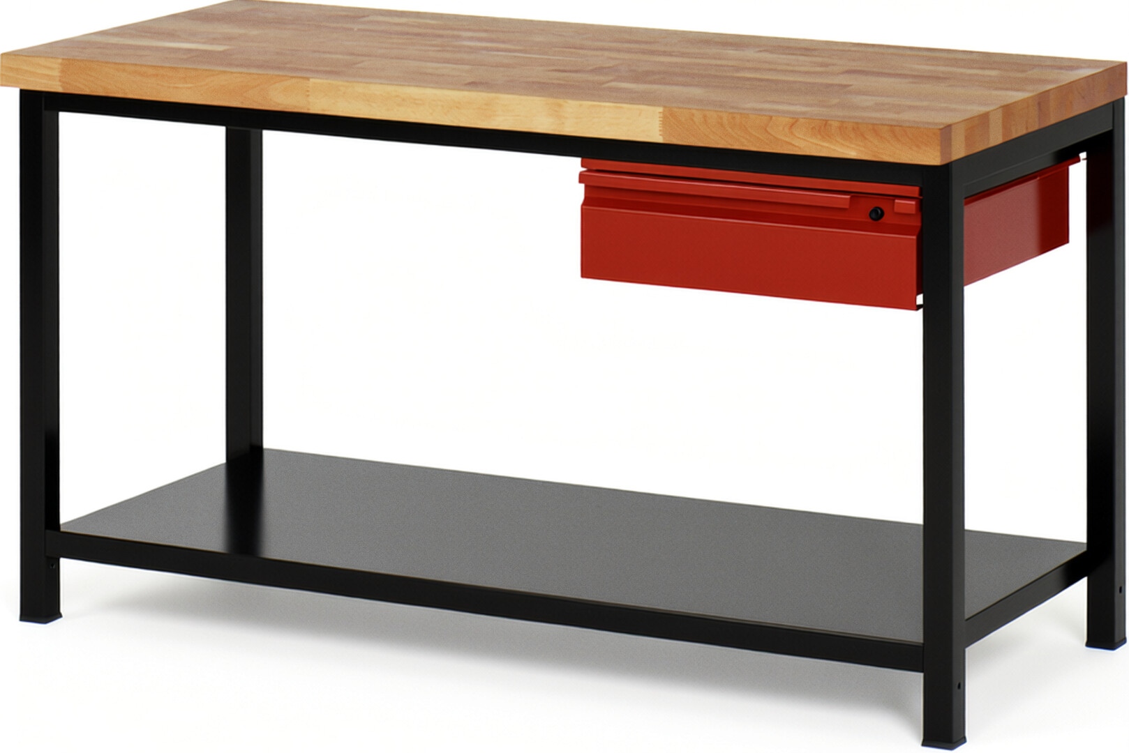 Werkbank schwarz - rot, Breite 150 cm, Tiefe 70 cm, Höhe 104 cm, 1 Schublade(n), Platte: Buche-Massiv-Arbeitsplatte