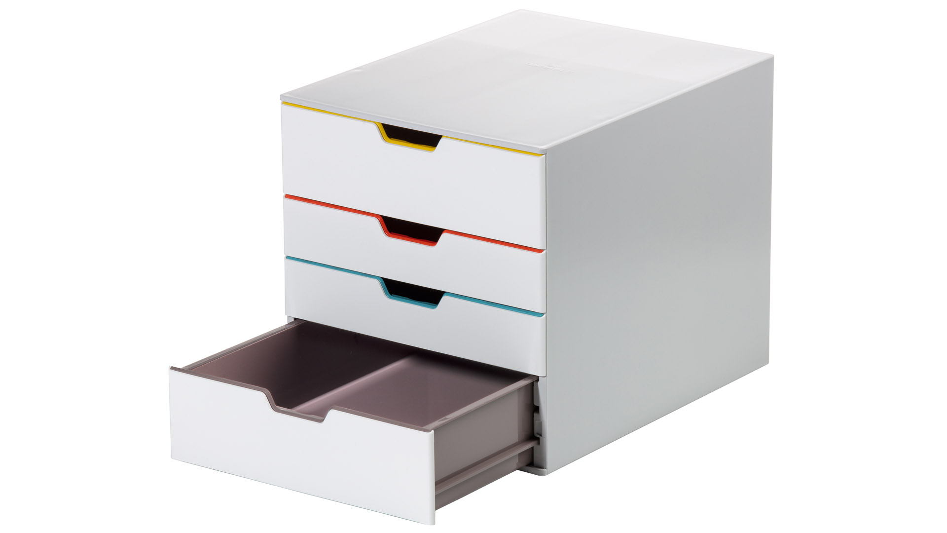 Schubladenbox, BxTxH 280x356x292 mm, 4 farbige Schubladen, aus ABS, inkl. Beschriftungsfenster