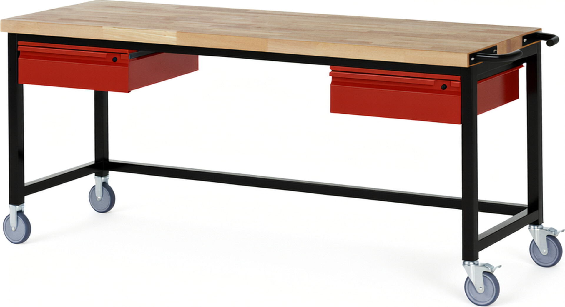 Fahrbare Werkbank - Modell 8002 BASIC schwarz-rot, BxTxH 2000x700x880 mm,  Buche-Massiv Arbeitsplatte 40 mm,  2 Schubladen mit  Auszug 90 %