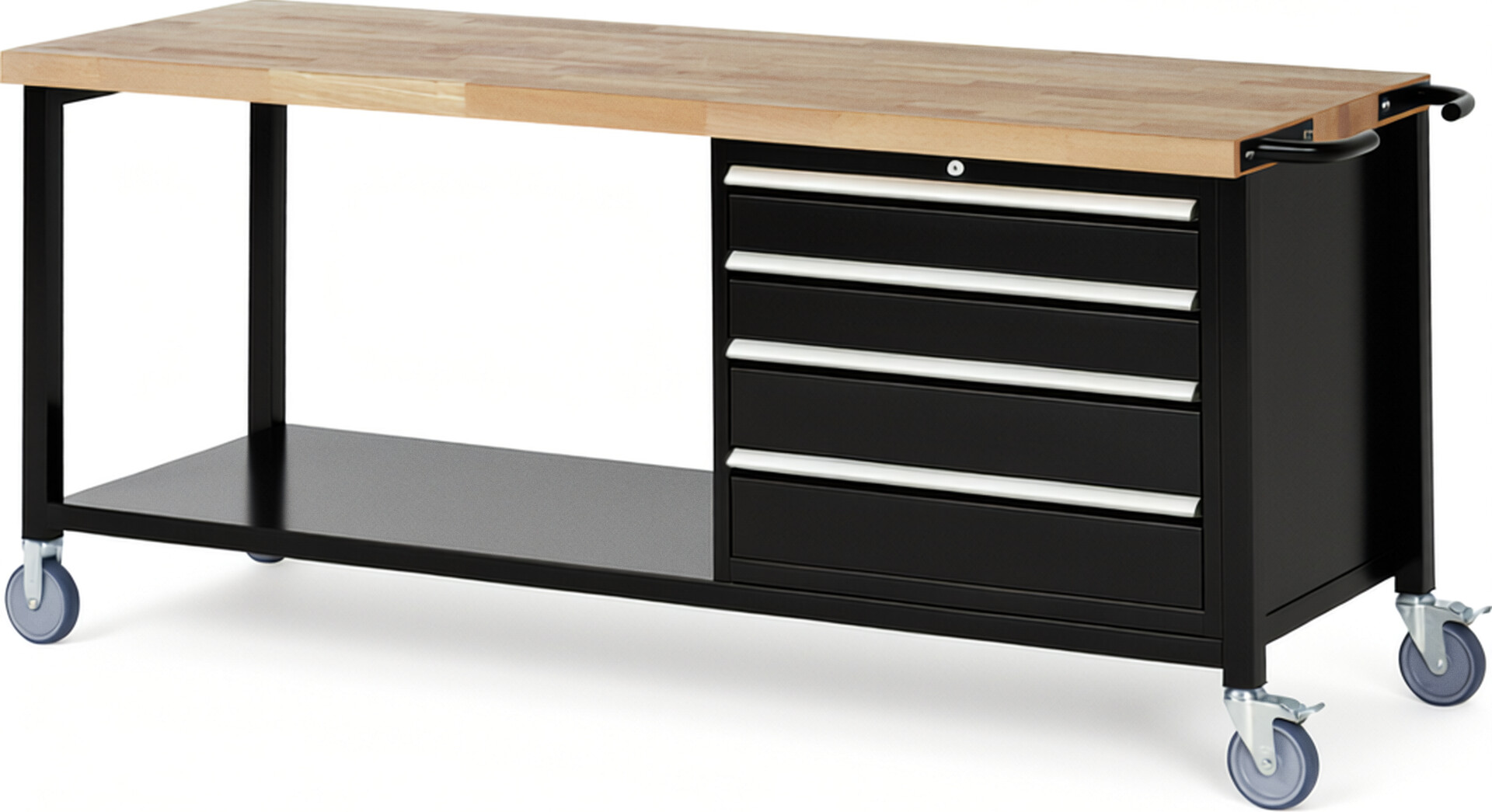Fahrbare Werkbank Modell 8262 schwarz, BxTxH 2000x700x880 mm,  Buche-Massiv Arbeitsplatte 40 mm,  4 Schubladen mit  Vollauszug 100 % und  SoftClosing