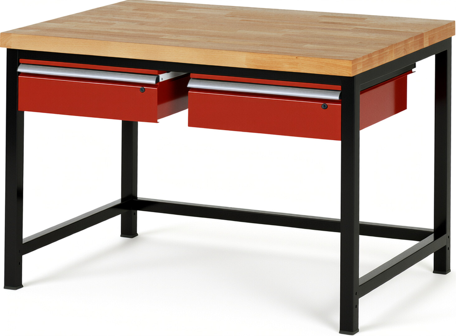 RAU Werkbank schwarz - rot - Breite 125 cm - Tiefe 90 cm - Höhe 104 cm - Buche-Massiv Arbeitsplatte 40 mm