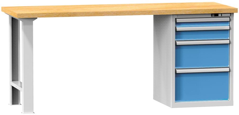 Werkbank, BxTxH 2000x800x880 mm, 1 Fuß, 1 Schubladenblock, je 1 Schubladen 75, 125, 250, 300 mm, Traglast 700 kg, RAL 7035/5012