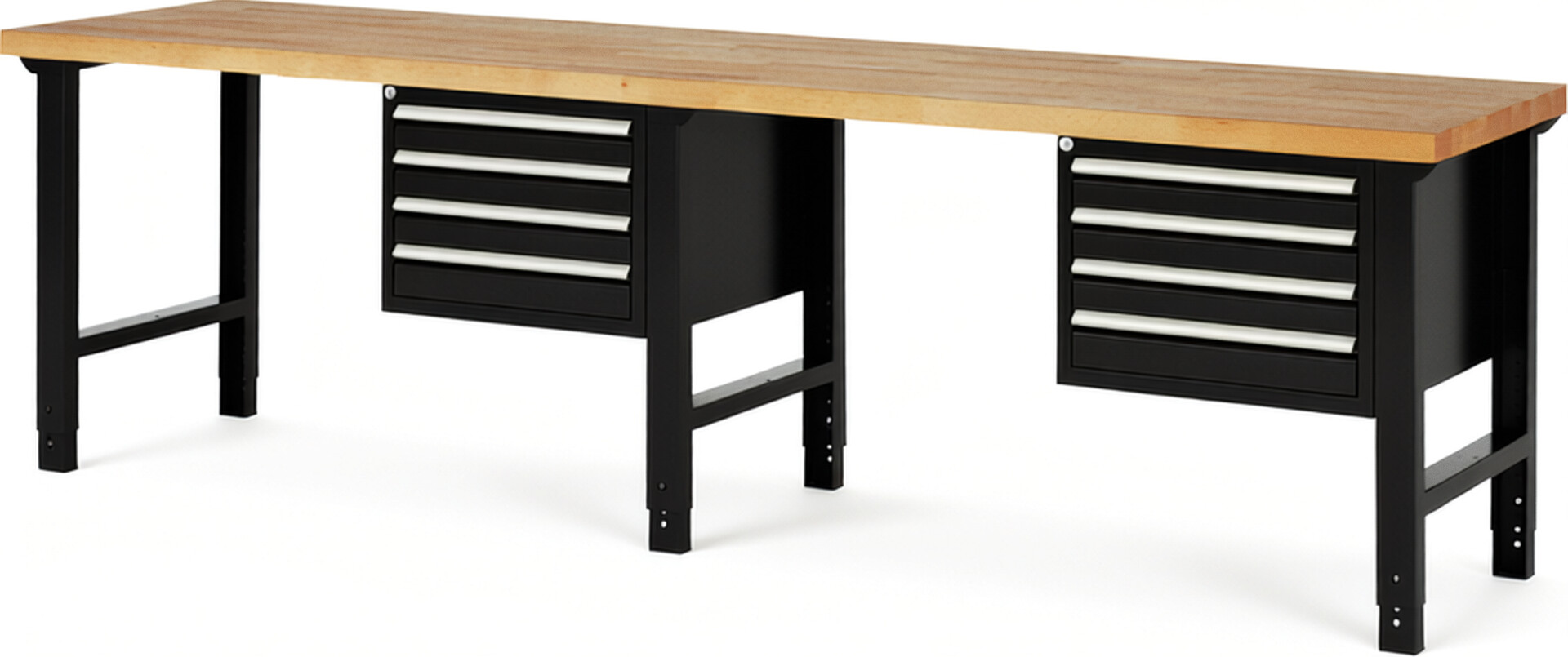 Werkbank Modell 7133 schwarz, BxTxH 3000x700x790-1140 mm,  Buche-Massiv Arbeitsplatte 40 mm,  8 Schubladen mit  Vollauszug 100 % und  SoftClosing