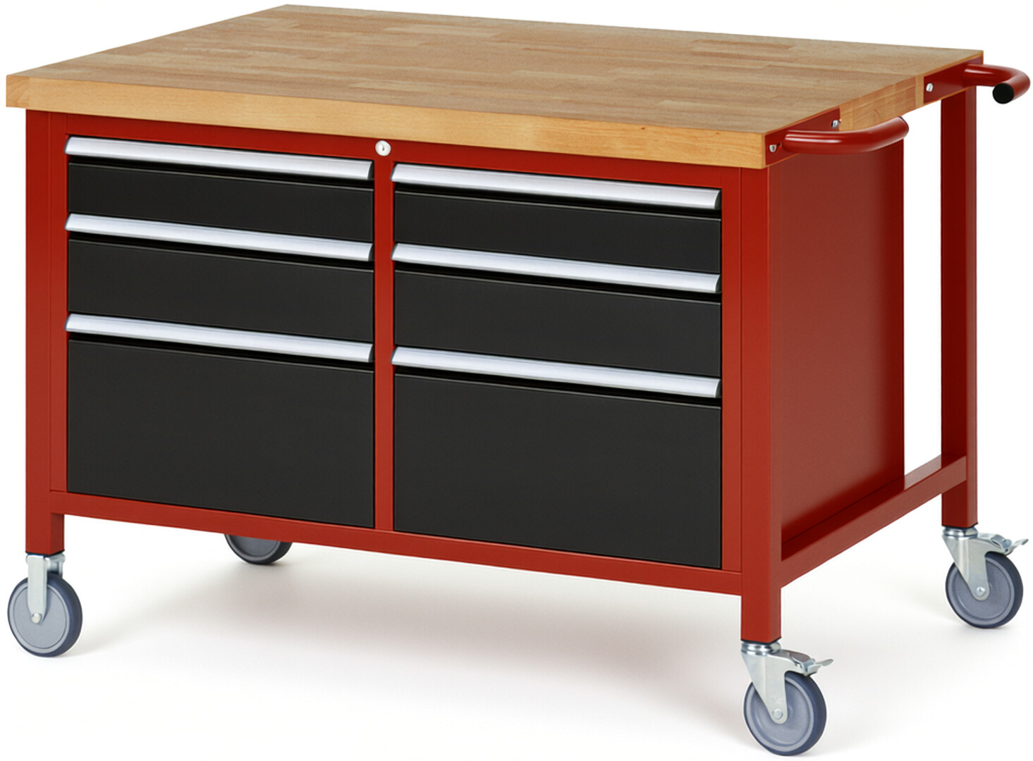 Fahrbare Werkbank Modell 8475 rot - schwarz, BxTxH 1250x900x880 mm,  Buche-Massiv Arbeitsplatte 40 mm,  6 Schubladen mit  Auszug 90 %