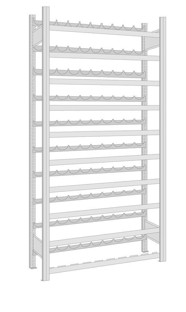 Weinflaschen-Steckregal, Grundfeld, BxTxH 1005x300x2000 mm, Kapazität 90 Flaschen, 10 Lagerebenen