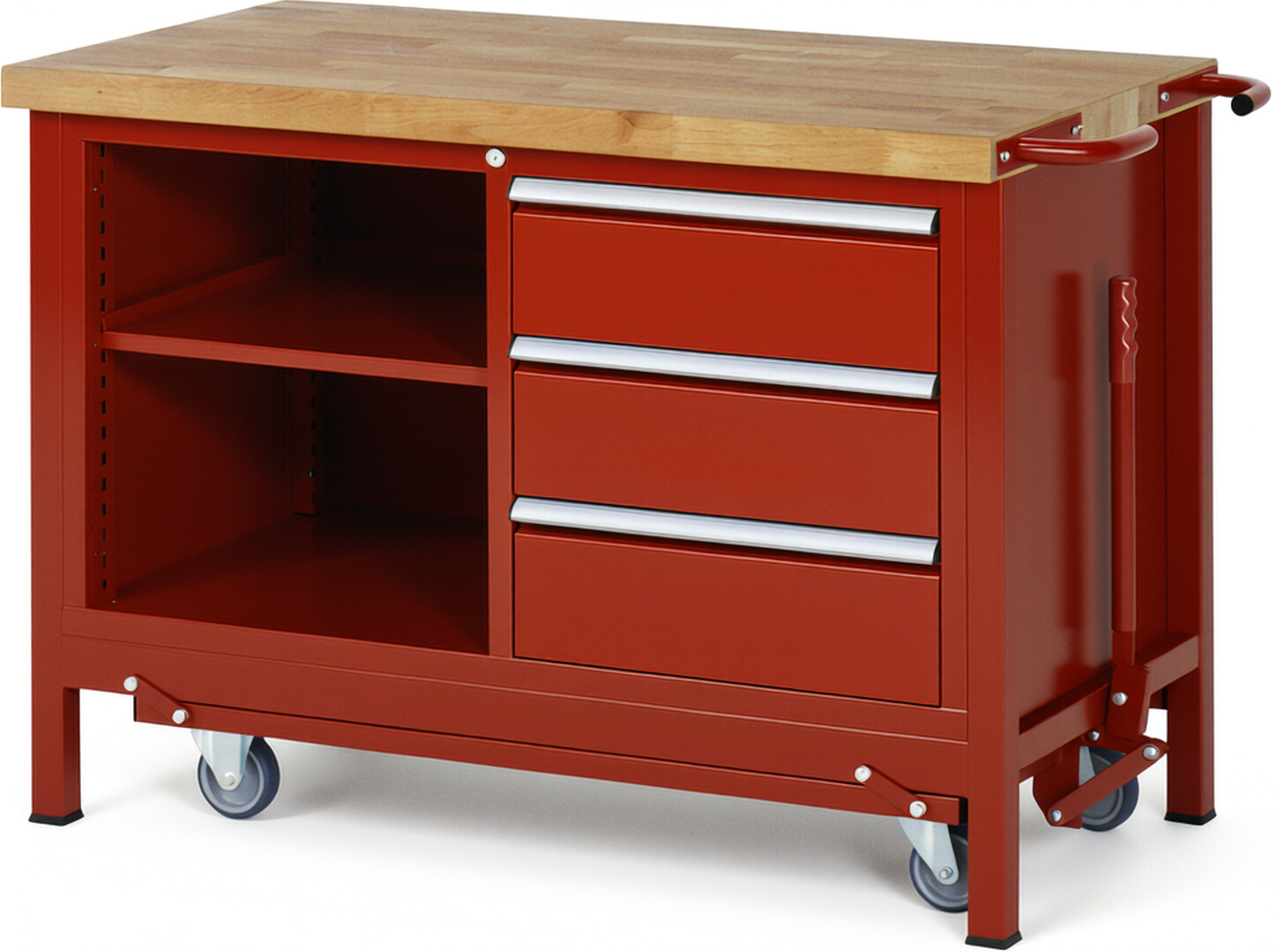 RAU Werkbank rot - Breite 125 cm - Tiefe 70 cm - Höhe 88 cm - Buche-Massiv Arbeitsplatte 40 mm