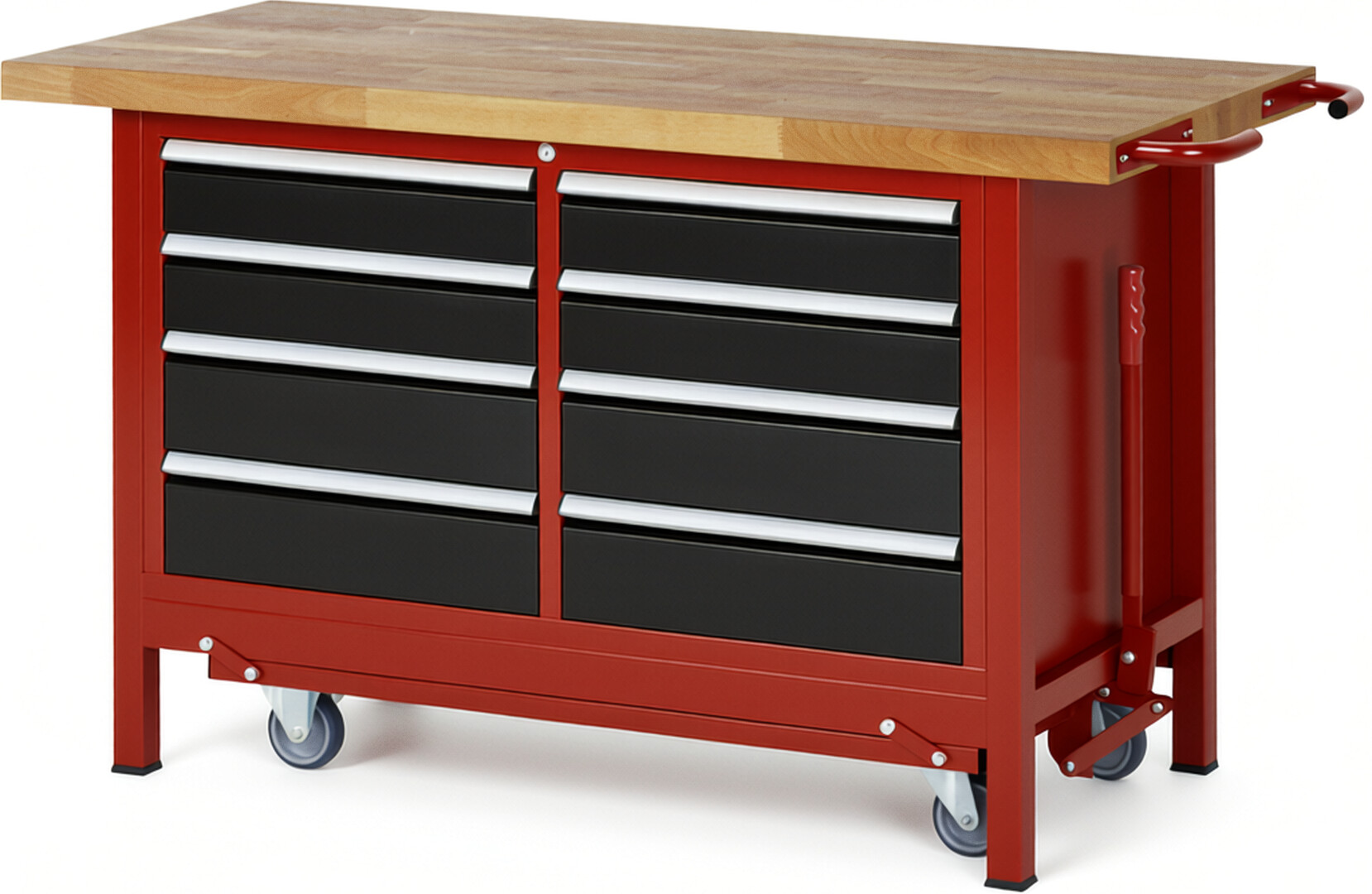 Absenkbare Werkbank Modell 8477 rot - schwarz, BxTxH 1500x700x880 mm,  Buche-Massiv Arbeitsplatte 40 mm,  8 Schubladen mit  Vollauszug 100 % und  SoftClosing