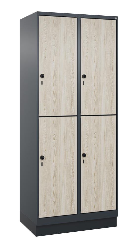 Fächerschrank, doppelstöckig, Sockel, 2x2 Fächer, Abt.B 400 mm, BxTxH 800x500x1950 mm, HPL-Dekorfront, RAL 7016/Dekor Sen Esche