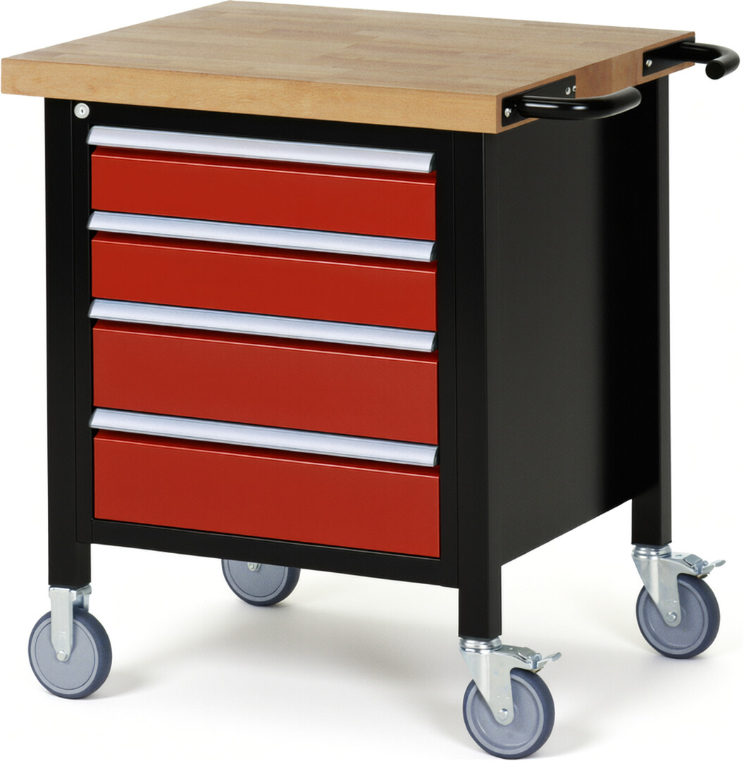 Fahrbare Werkbank Modell 8162 schwarz-rot, BxTxH 750x700x880-1080 mm,  Buche-Massiv Arbeitsplatte 40 mm,  4 Schubladen mit  Vollauszug 100 % und  SoftClosing