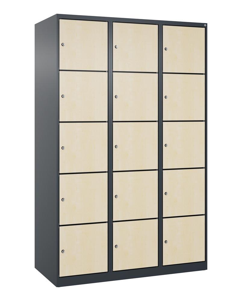 Fächerschrank mit MDF Türen, Breite 120 cm, Höhe 185 cm, Tiefe 50 cm, 15 Fächer
